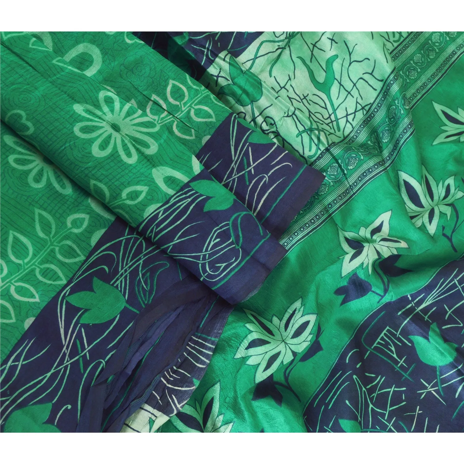 Sanskriti Vintage Sarees Indian Green/Blue Pure Silk Printed Sari Craft Fabric