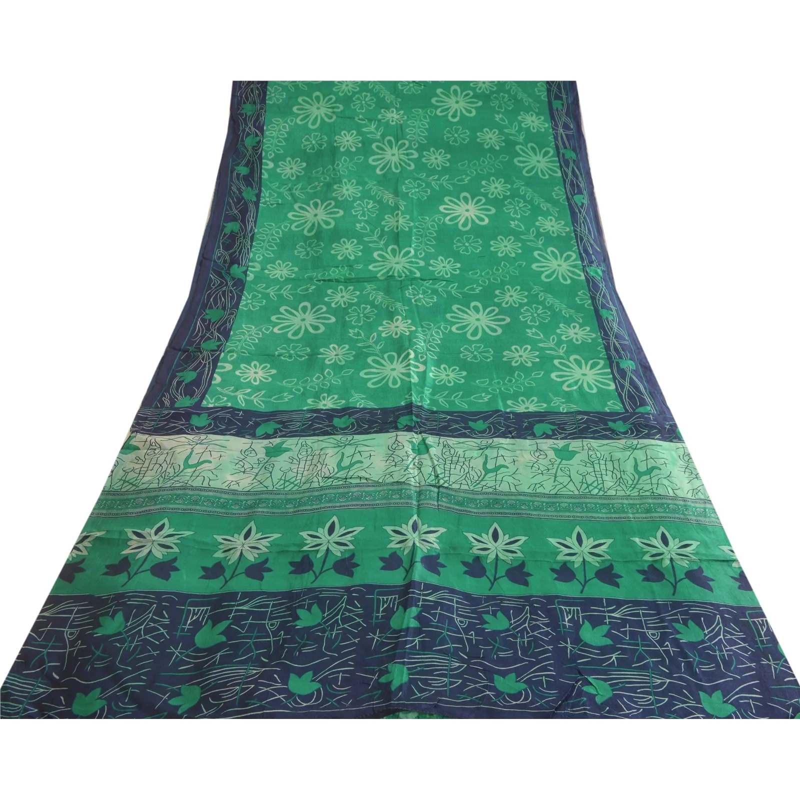 Sanskriti Vintage Sarees Indian Green/Blue Pure Silk Printed Sari Craft Fabric