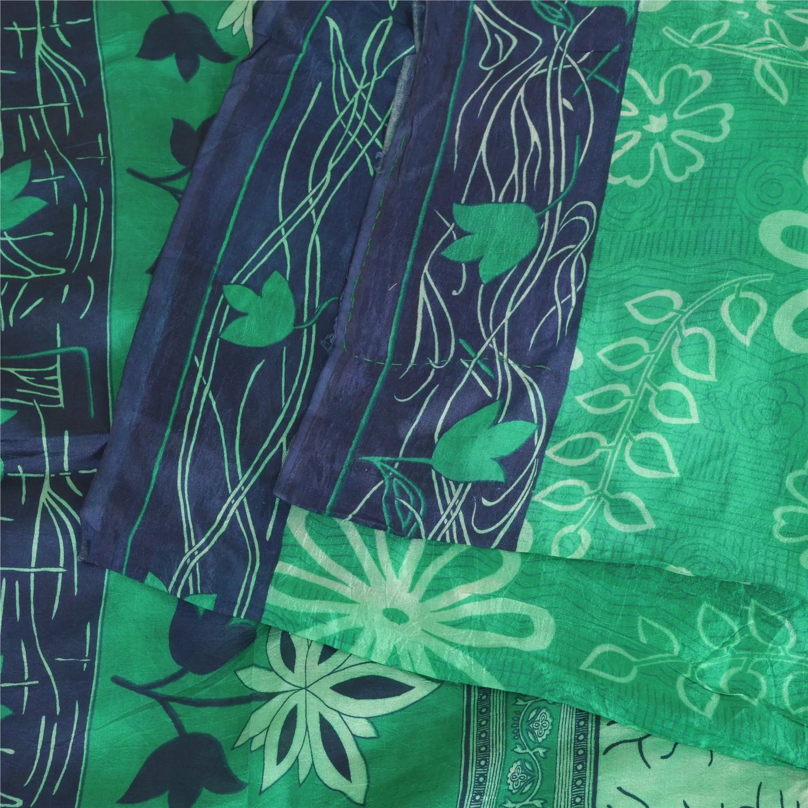 Sanskriti Vintage Sarees Indian Green/Blue Pure Silk Printed Sari Craft Fabric