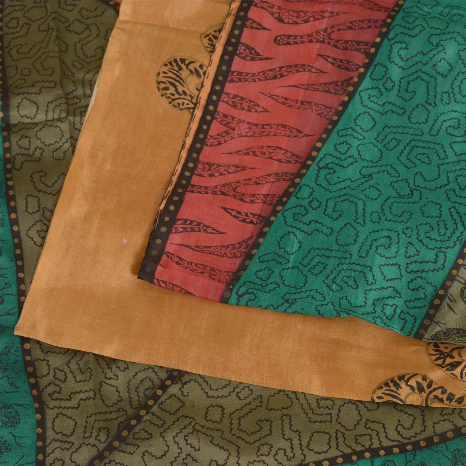 Sanskriti Vintage Sarees Indian Multi Pure Silk Block Printed Sari Craft Fabric