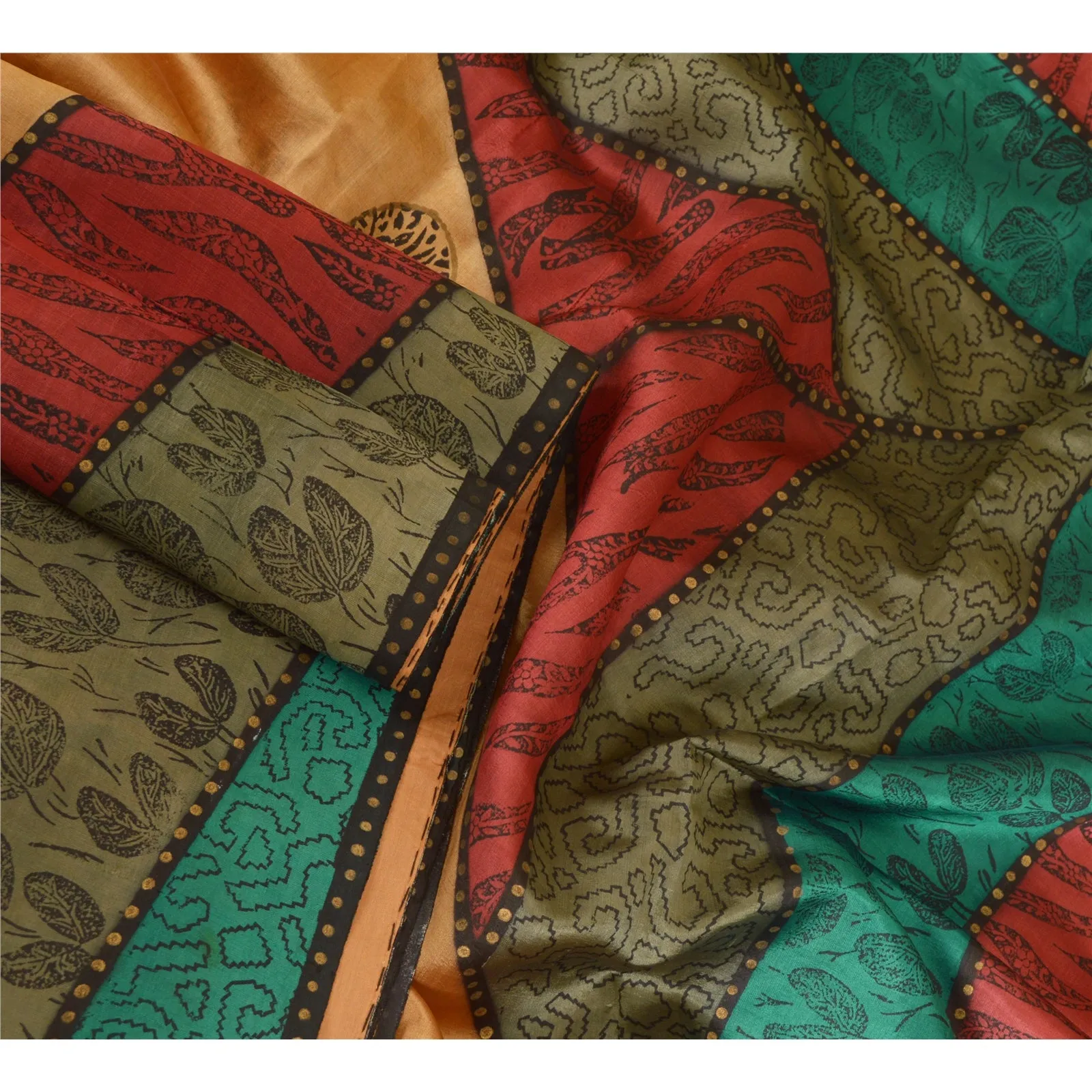 Sanskriti Vintage Sarees Indian Multi Pure Silk Block Printed Sari Craft Fabric