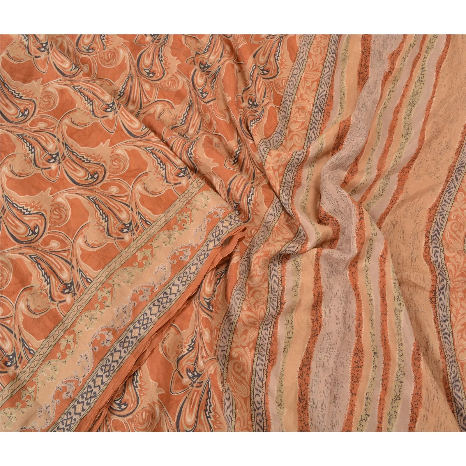 Sanskriti Vintage Sarees Indian Orange Printed Pure Silk Sari Soft Craft Fabric