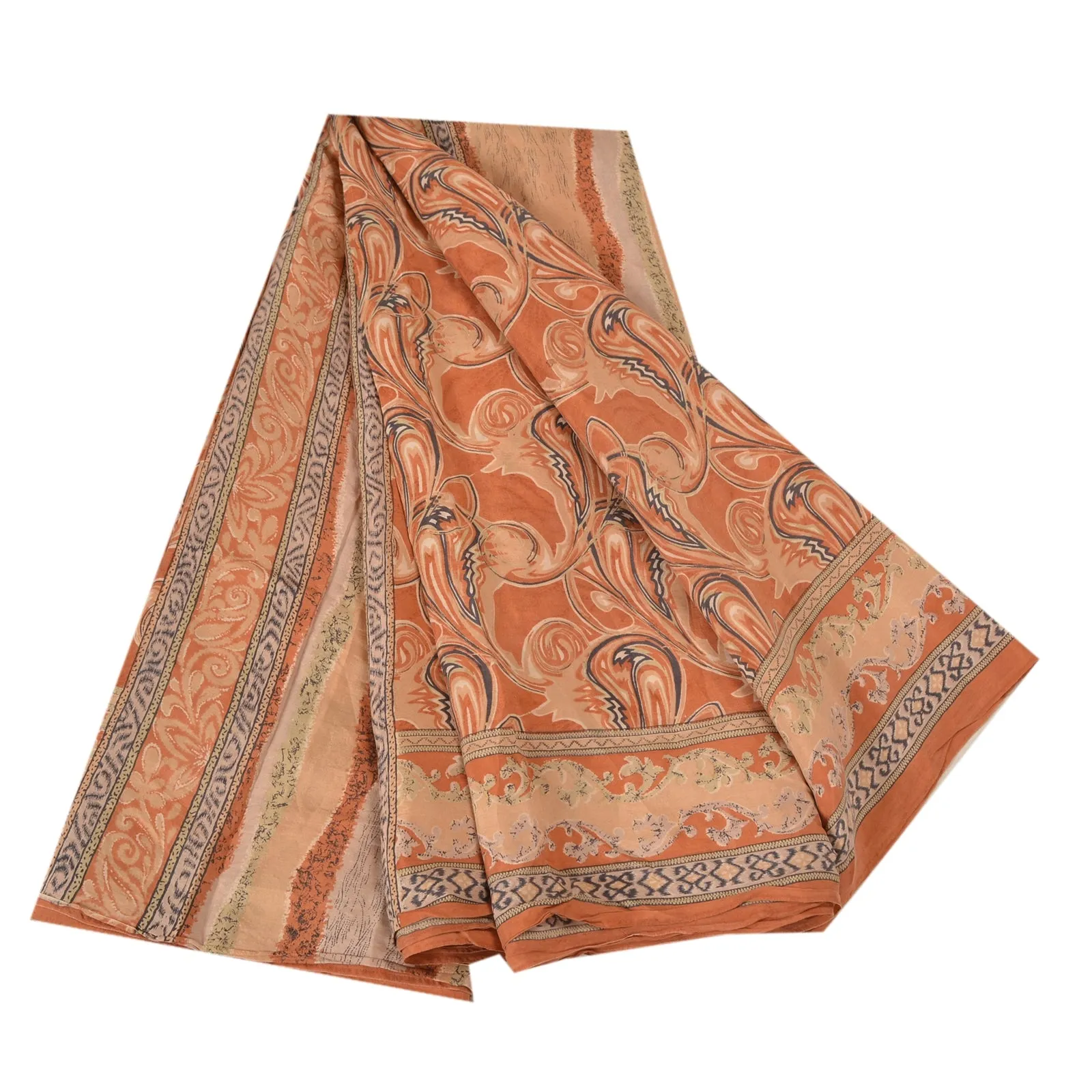 Sanskriti Vintage Sarees Indian Orange Printed Pure Silk Sari Soft Craft Fabric