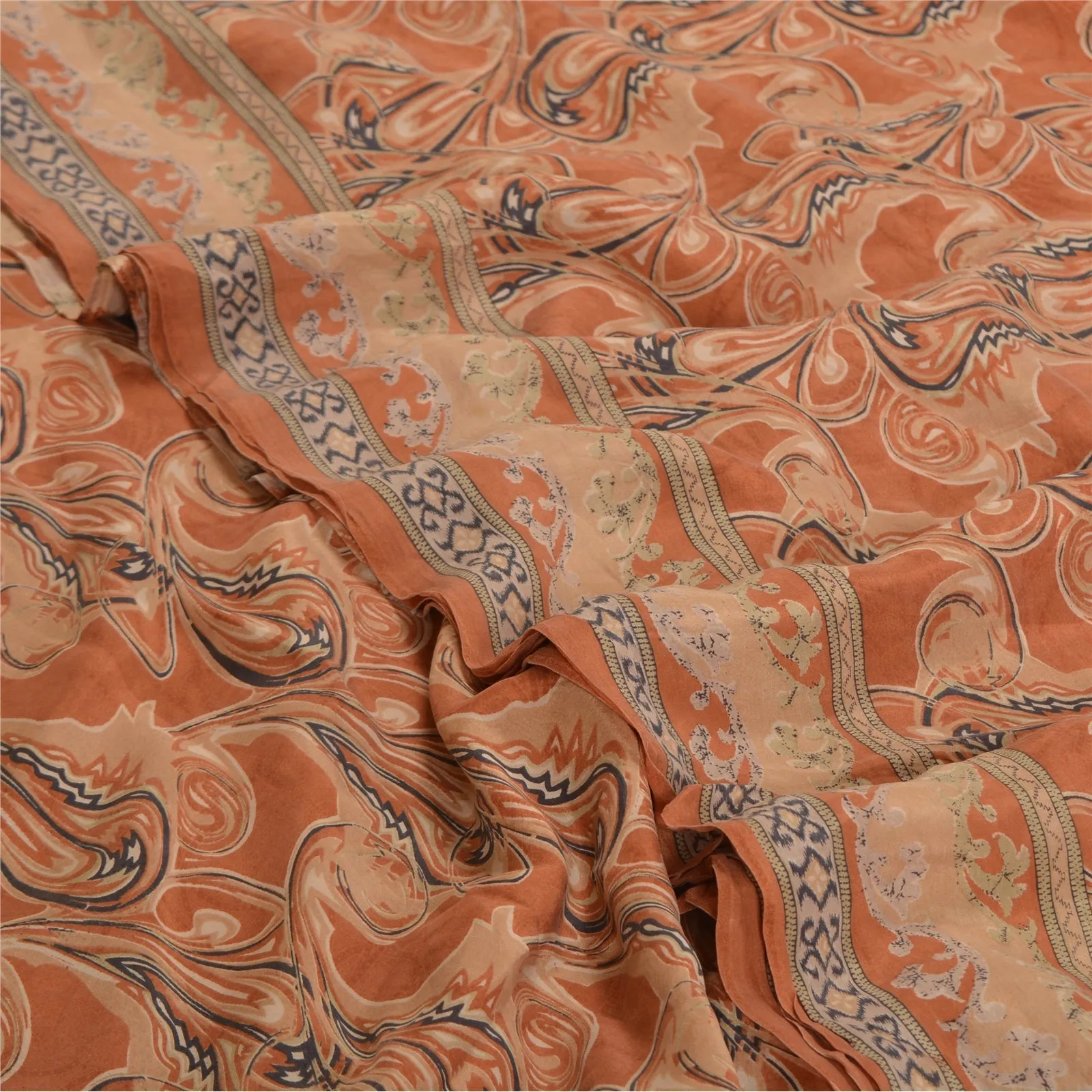 Sanskriti Vintage Sarees Indian Orange Printed Pure Silk Sari Soft Craft Fabric