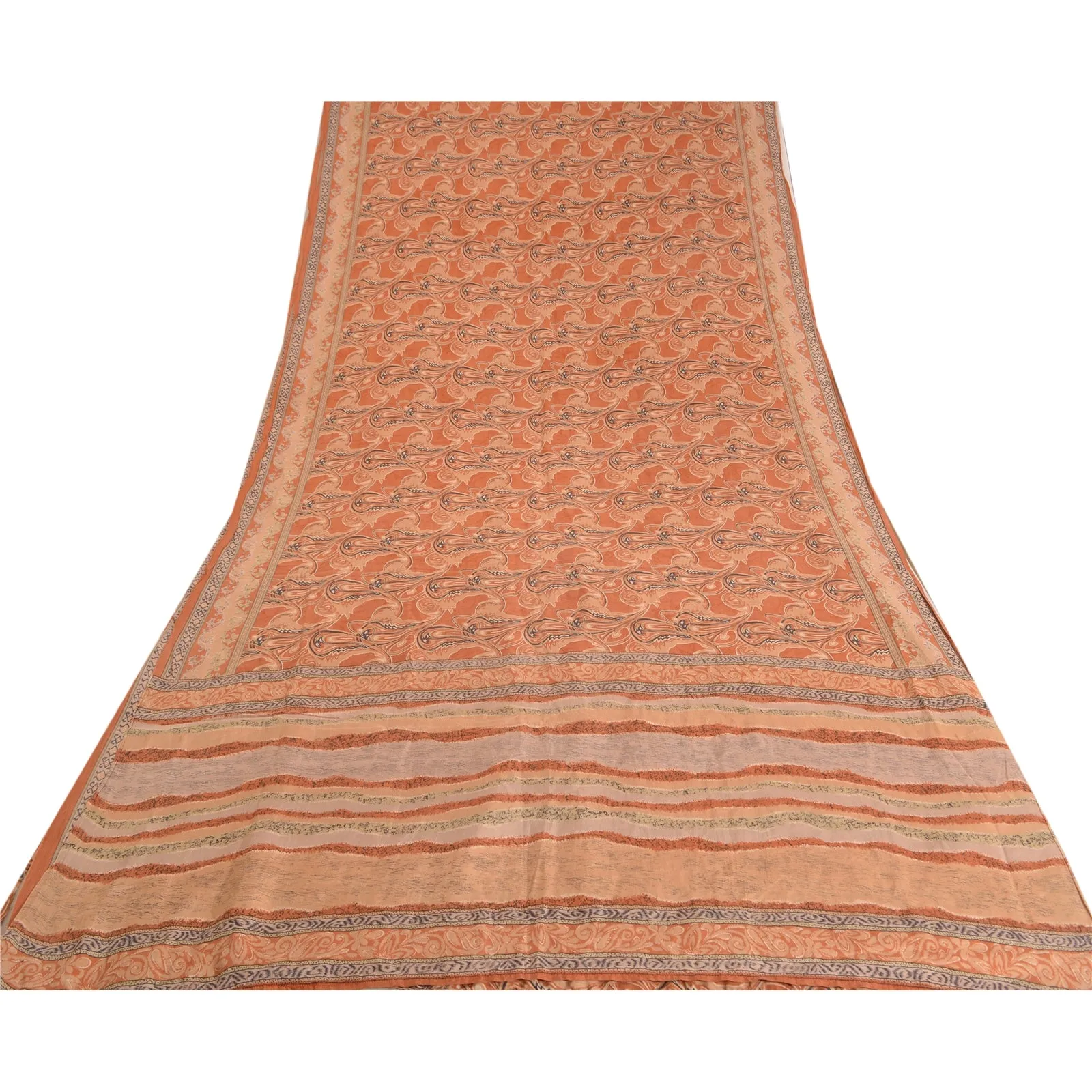 Sanskriti Vintage Sarees Indian Orange Printed Pure Silk Sari Soft Craft Fabric