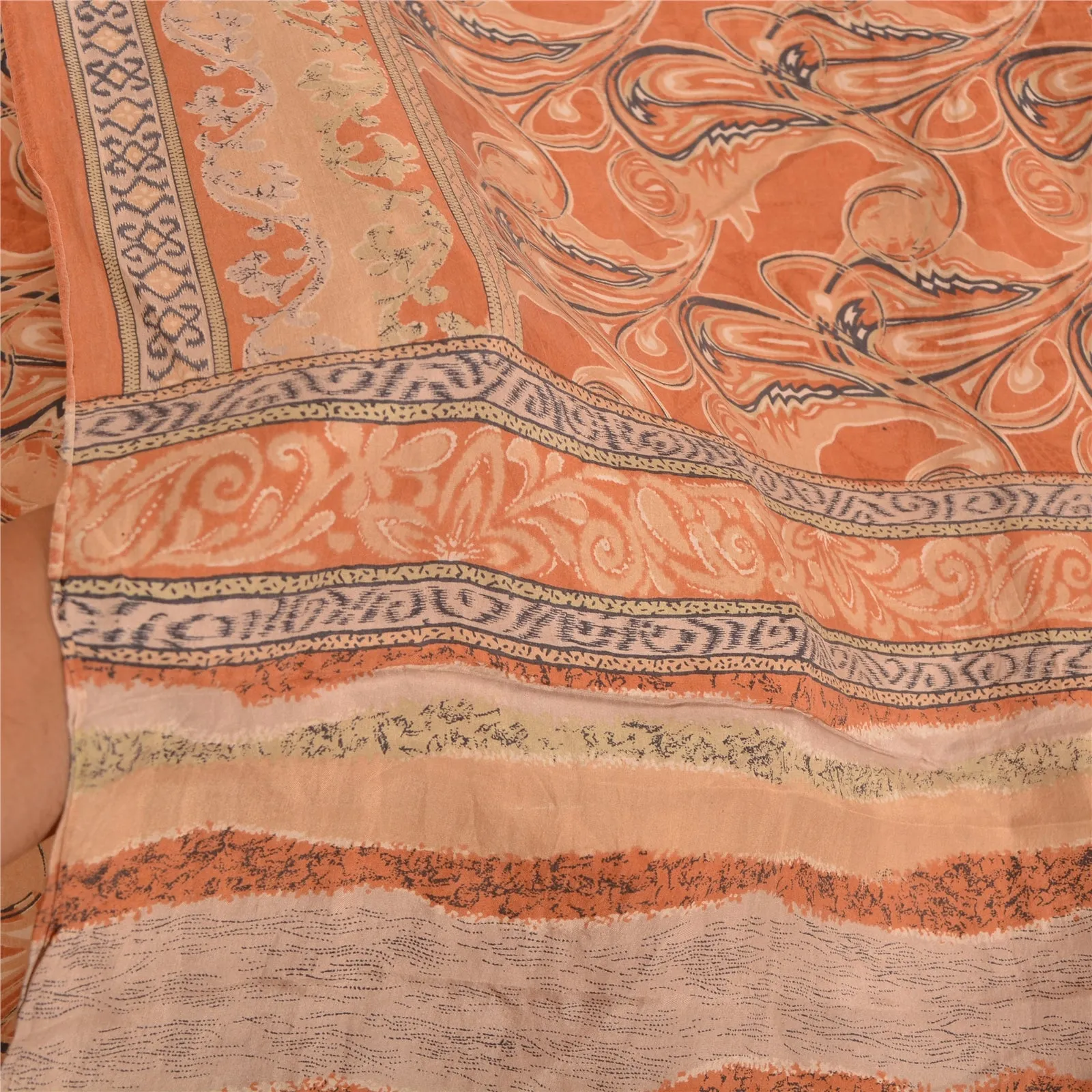 Sanskriti Vintage Sarees Indian Orange Printed Pure Silk Sari Soft Craft Fabric