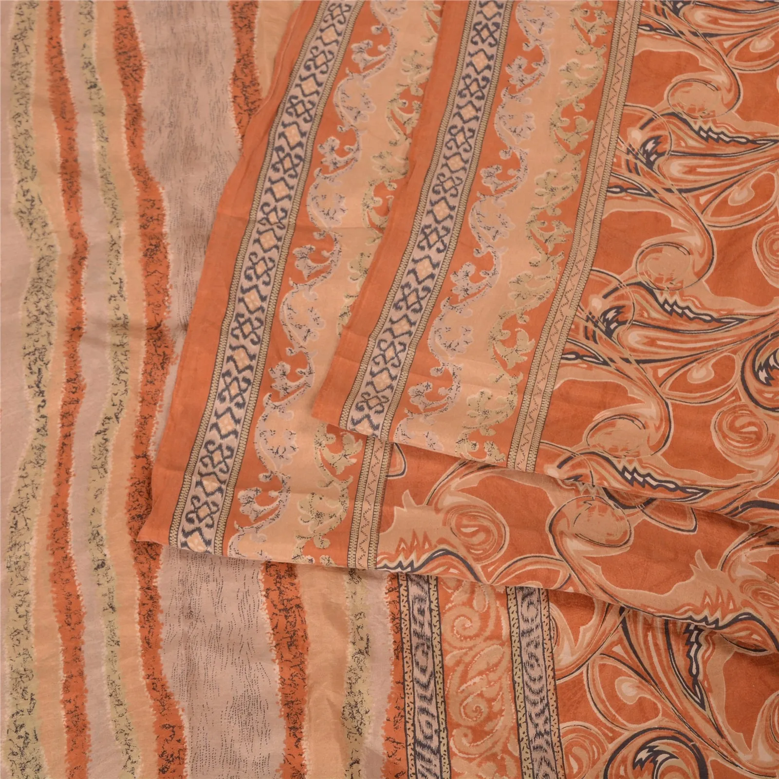 Sanskriti Vintage Sarees Indian Orange Printed Pure Silk Sari Soft Craft Fabric