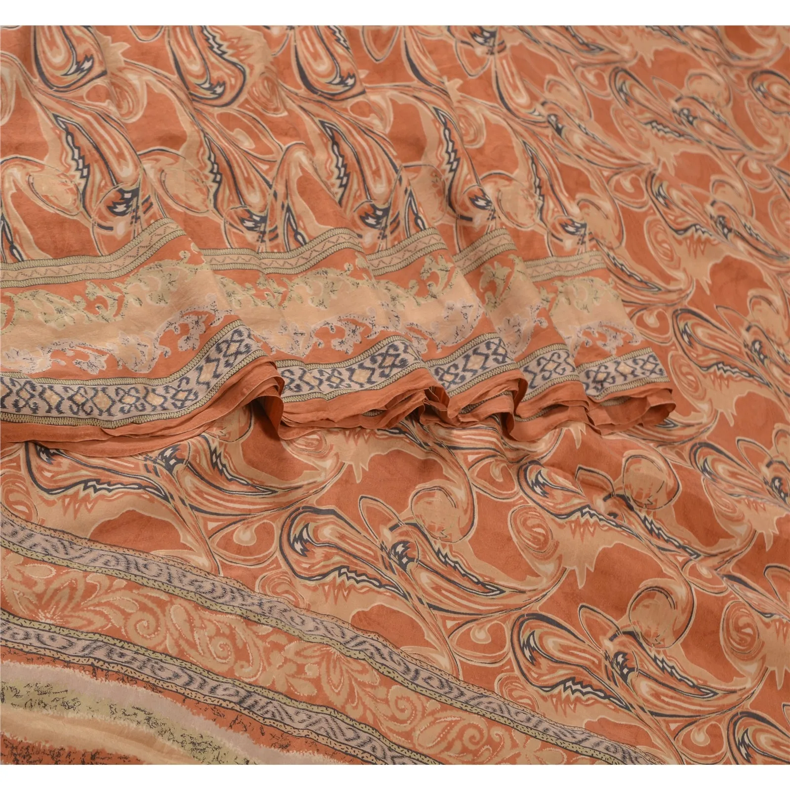 Sanskriti Vintage Sarees Indian Orange Printed Pure Silk Sari Soft Craft Fabric