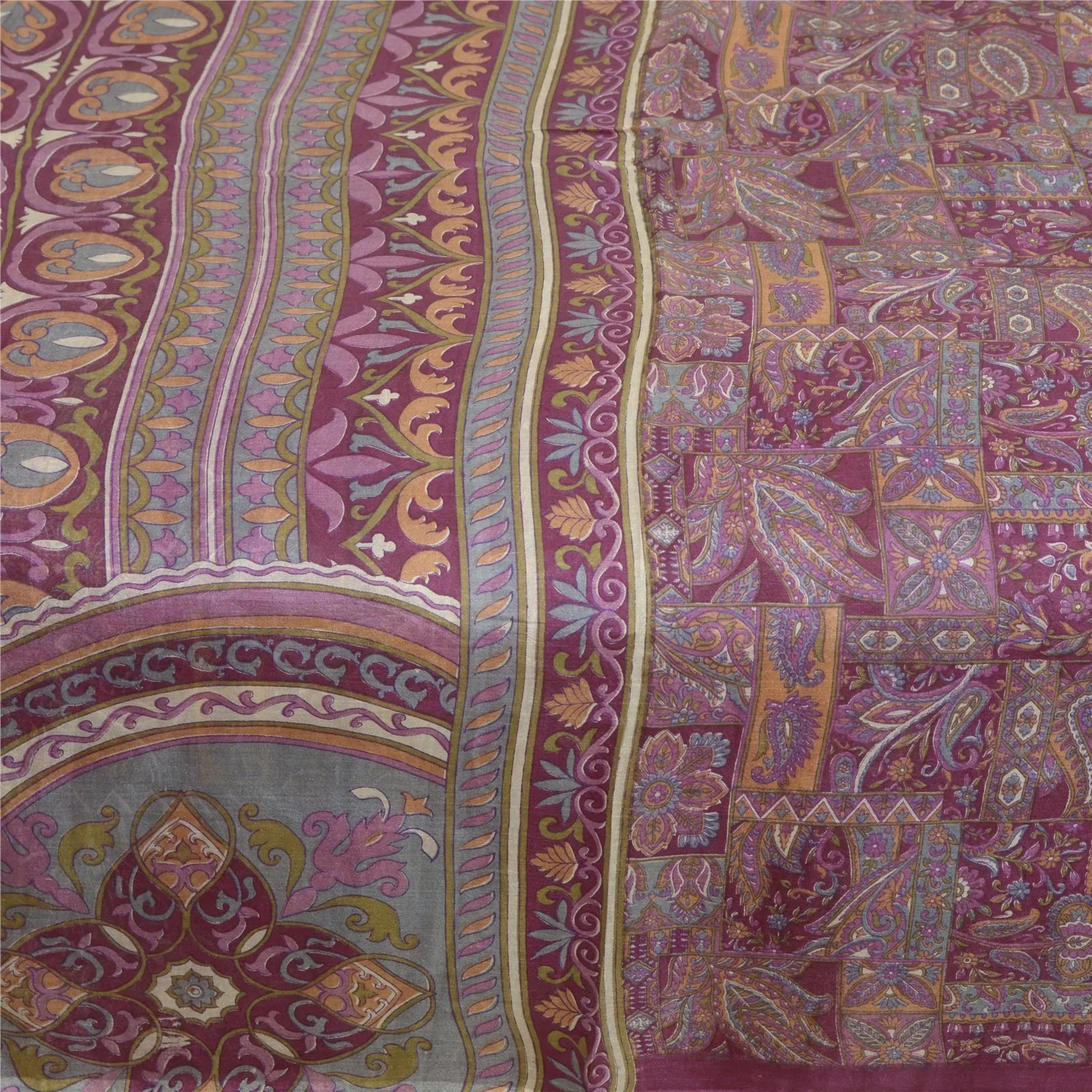 Sanskriti Vintage Sarees Indian Purple Pure Silk Printed Sari 5yd Craft Fabric