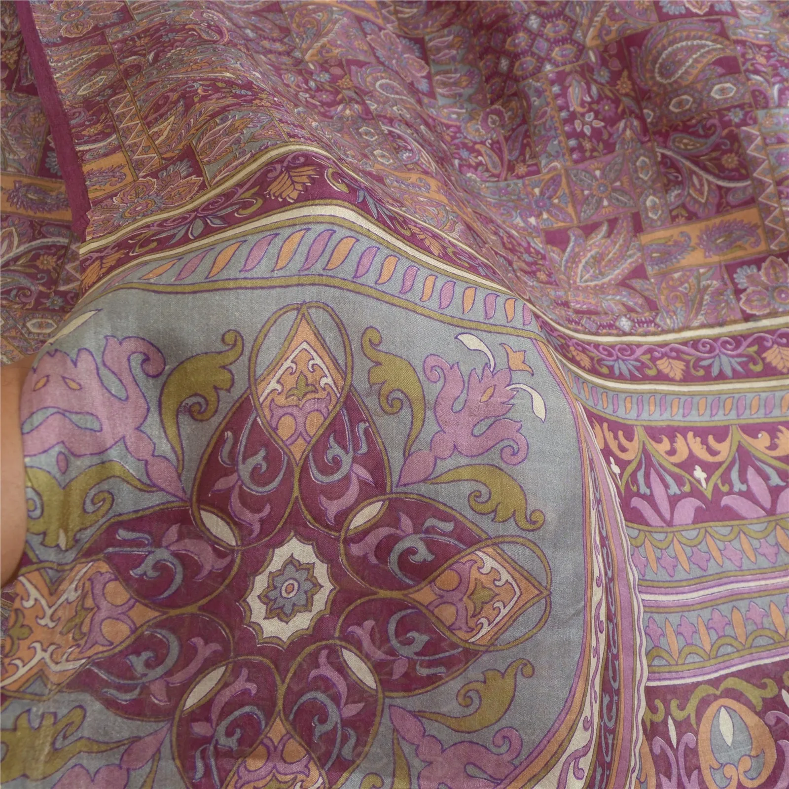 Sanskriti Vintage Sarees Indian Purple Pure Silk Printed Sari 5yd Craft Fabric