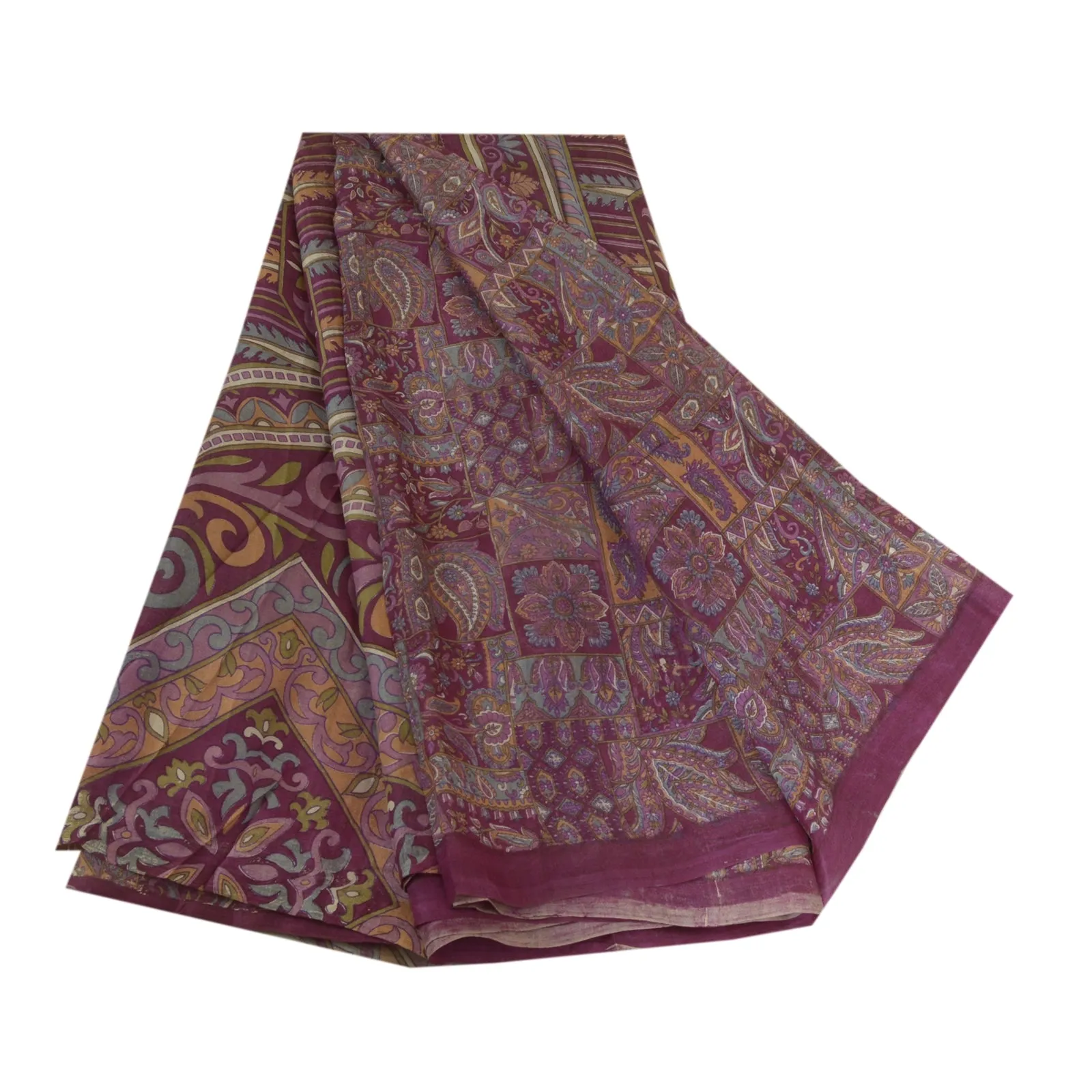 Sanskriti Vintage Sarees Indian Purple Pure Silk Printed Sari 5yd Craft Fabric