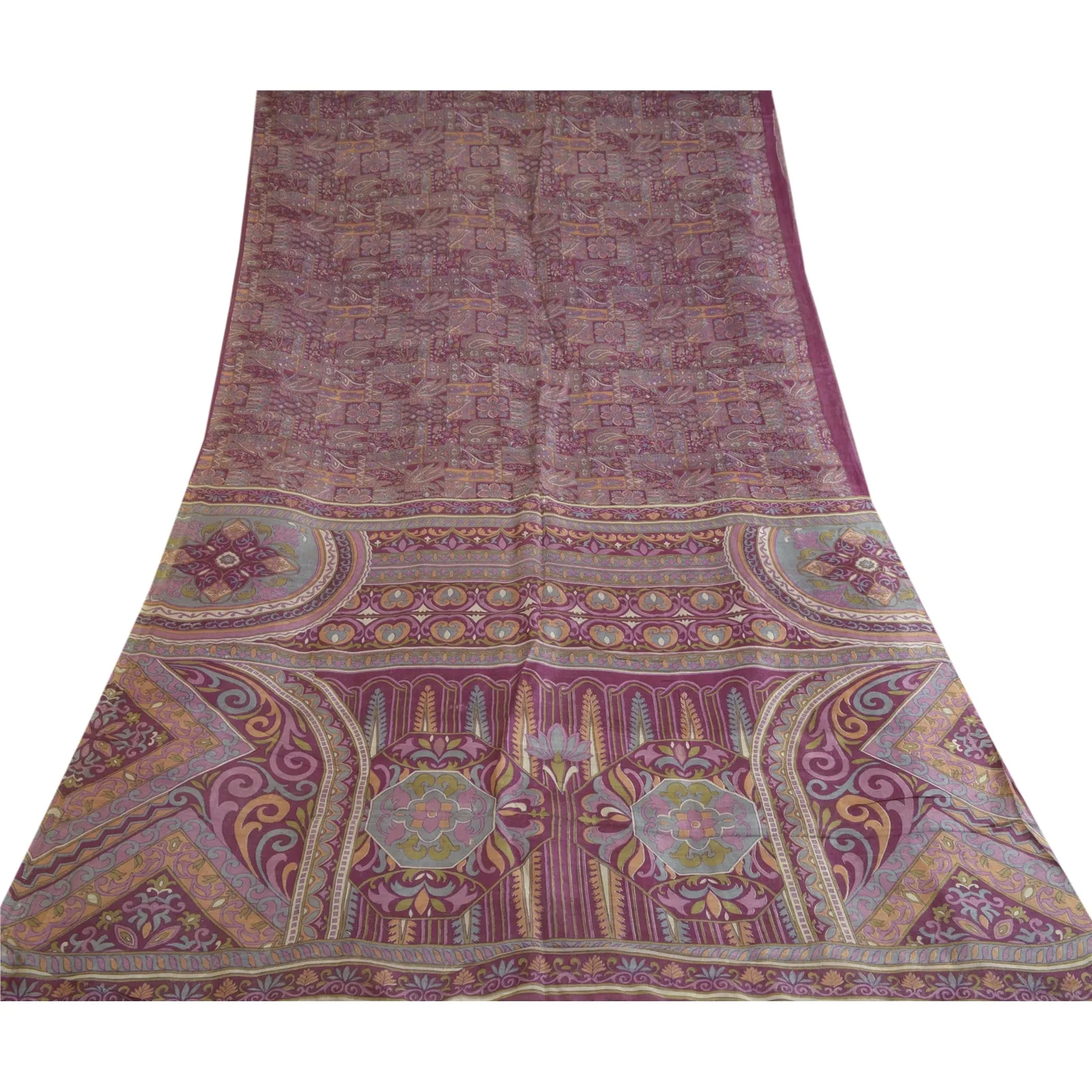 Sanskriti Vintage Sarees Indian Purple Pure Silk Printed Sari 5yd Craft Fabric