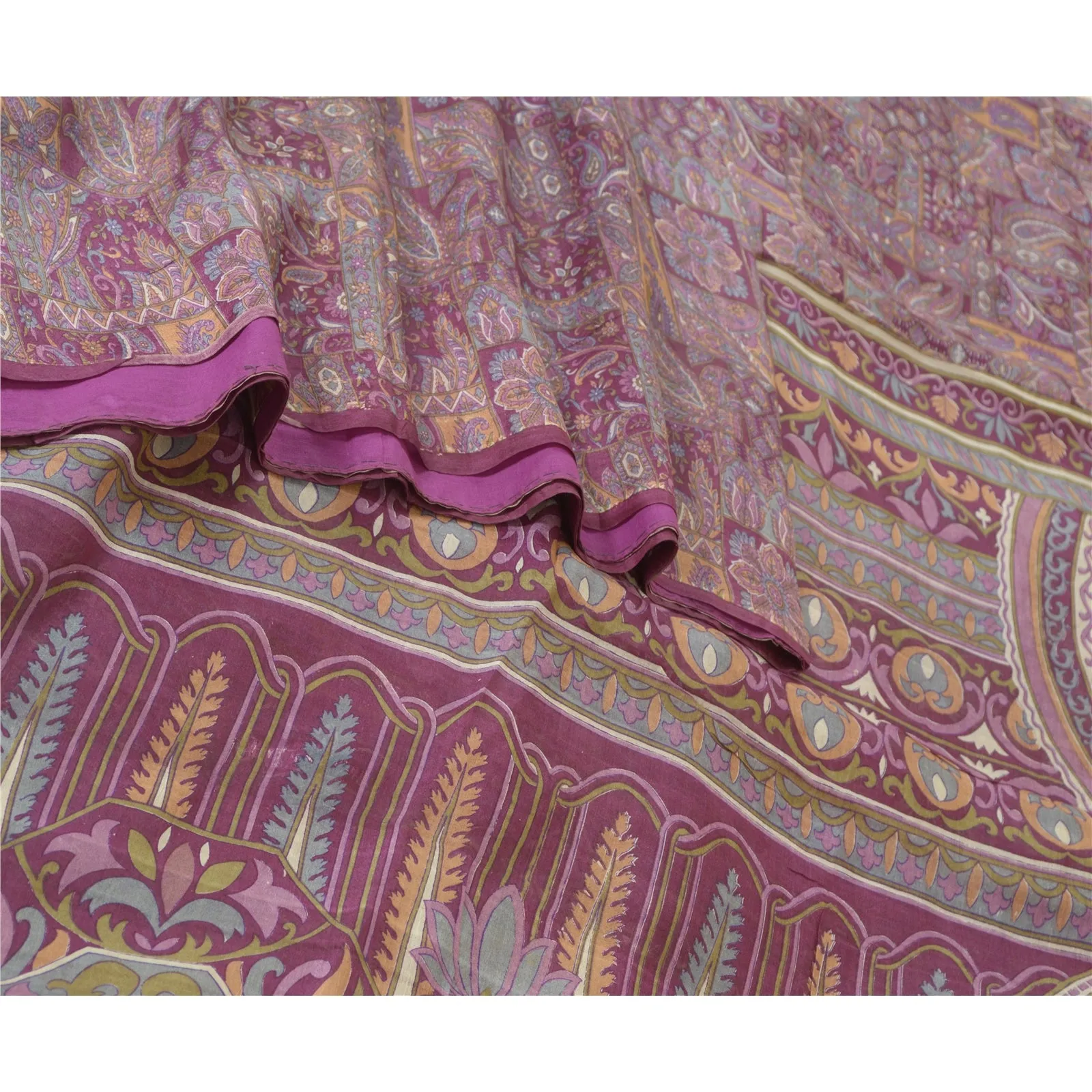 Sanskriti Vintage Sarees Indian Purple Pure Silk Printed Sari 5yd Craft Fabric