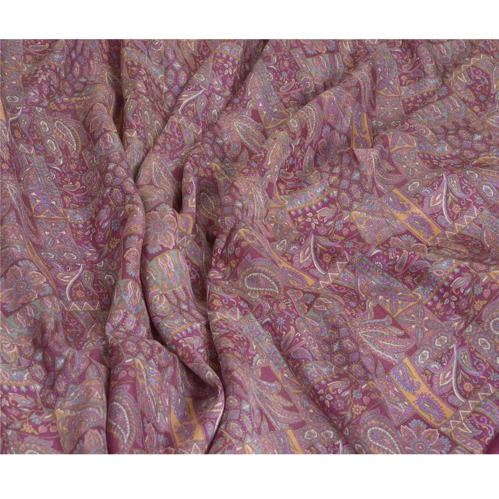 Sanskriti Vintage Sarees Indian Purple Pure Silk Printed Sari 5yd Craft Fabric