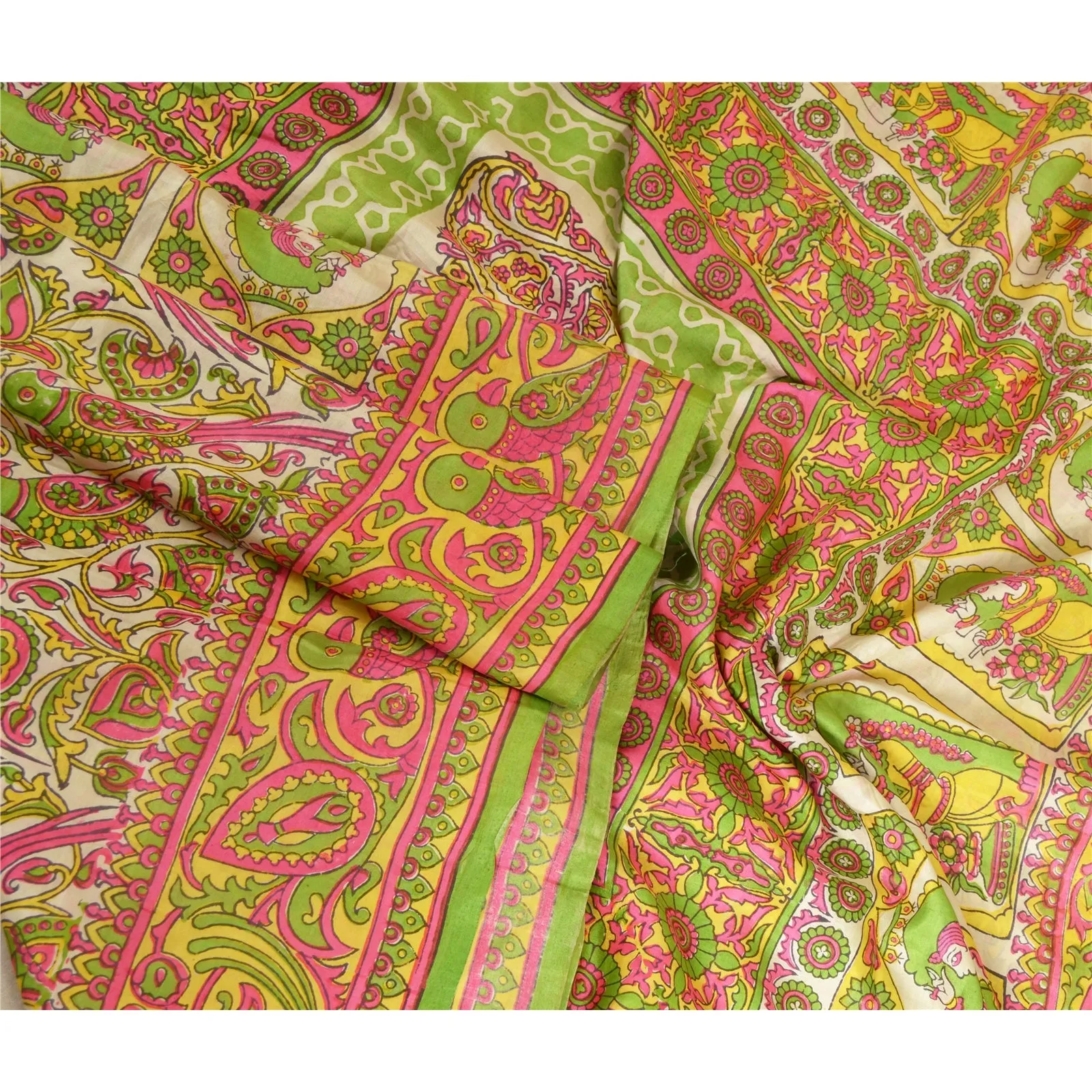 Sanskriti Vintage Sarees Indian Women Parrot Printed Pure Silk Sari Craft Fabric