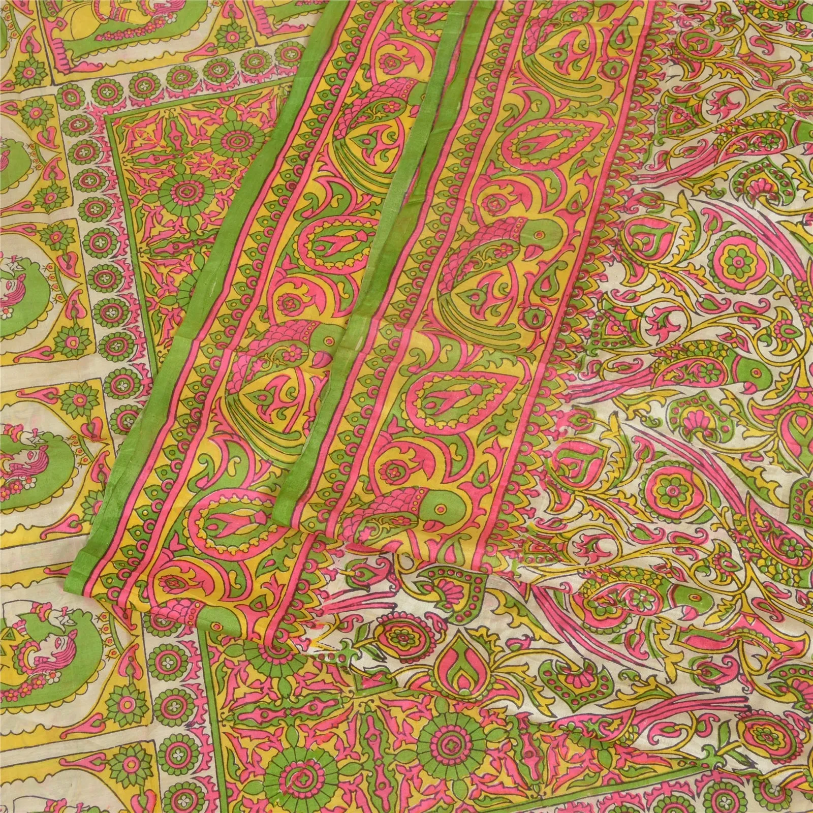 Sanskriti Vintage Sarees Indian Women Parrot Printed Pure Silk Sari Craft Fabric