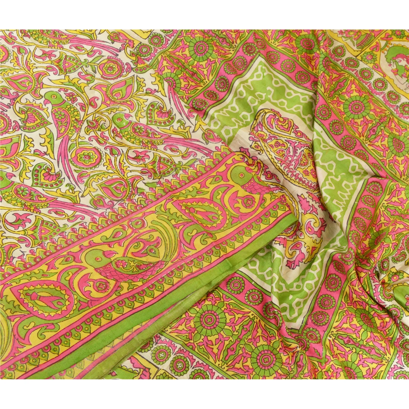 Sanskriti Vintage Sarees Indian Women Parrot Printed Pure Silk Sari Craft Fabric