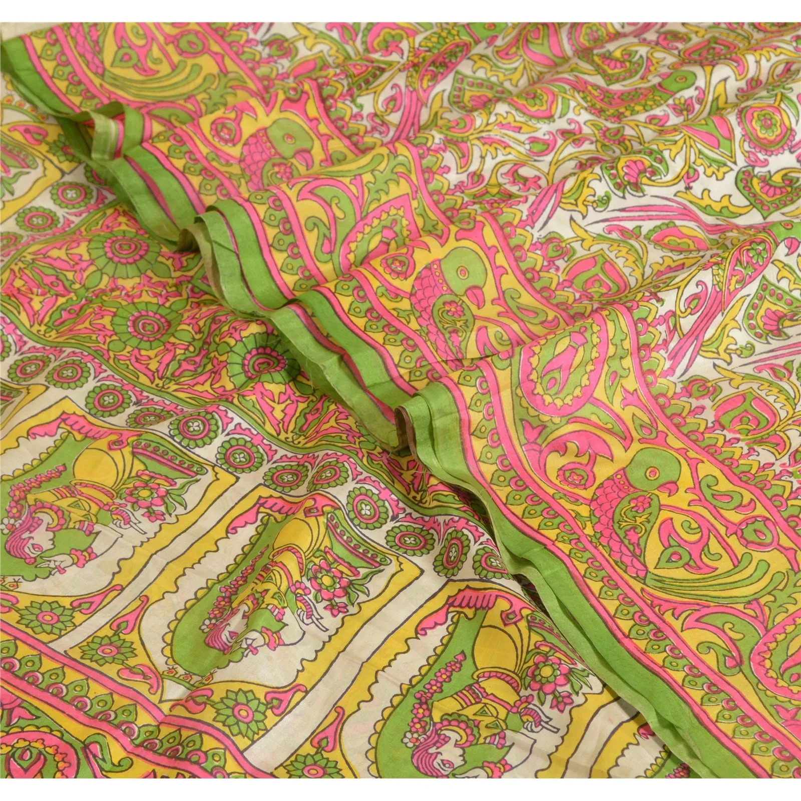 Sanskriti Vintage Sarees Indian Women Parrot Printed Pure Silk Sari Craft Fabric