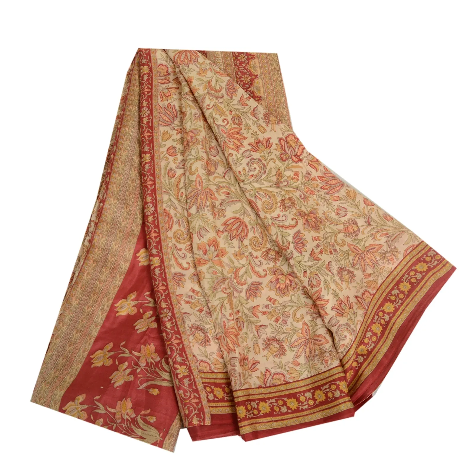 Sanskriti Vintage Sarees Ivory & Red 100% Pure Silk Printed Sari Craft Fabric