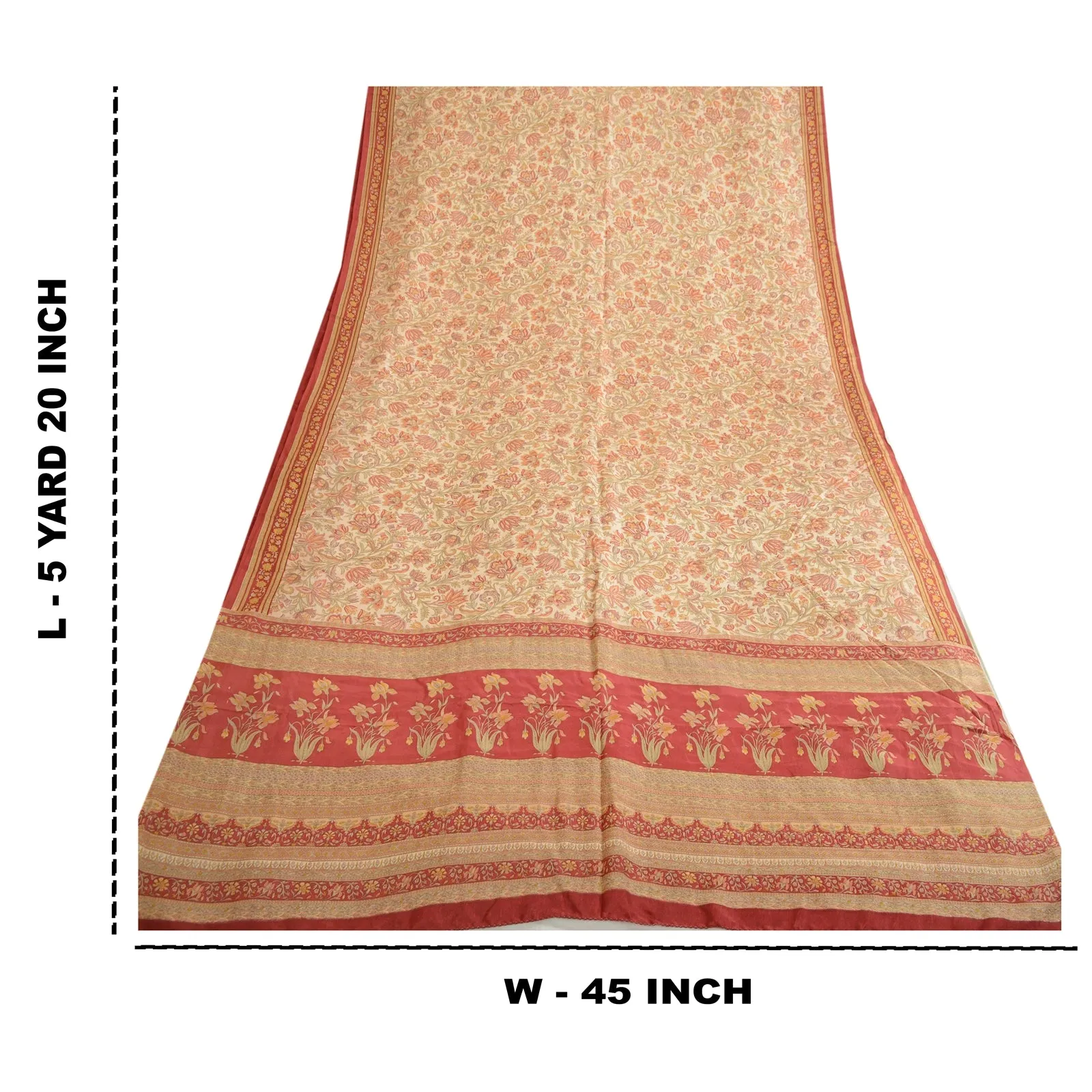 Sanskriti Vintage Sarees Ivory & Red 100% Pure Silk Printed Sari Craft Fabric