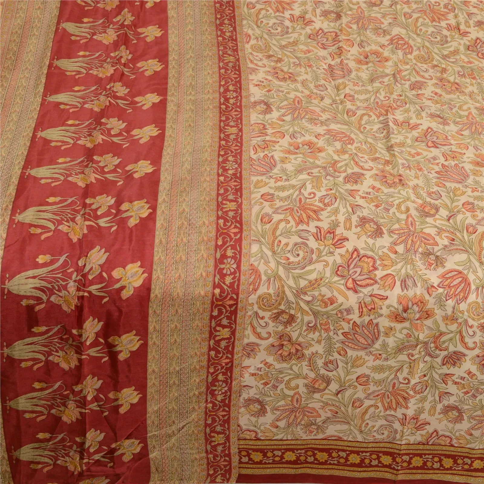 Sanskriti Vintage Sarees Ivory & Red 100% Pure Silk Printed Sari Craft Fabric