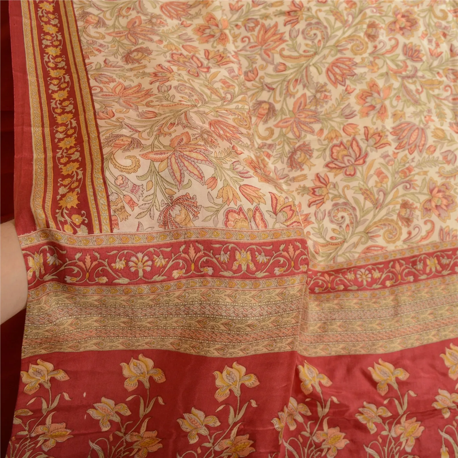 Sanskriti Vintage Sarees Ivory & Red 100% Pure Silk Printed Sari Craft Fabric