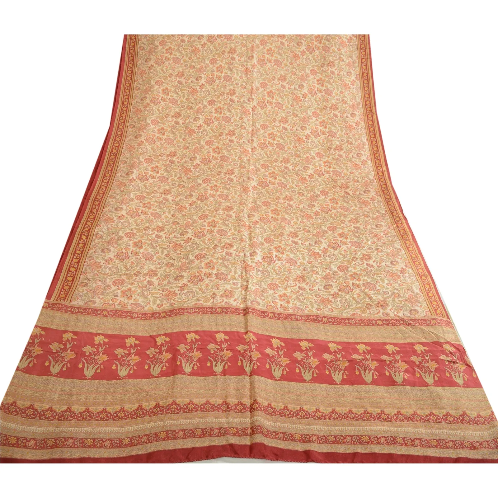 Sanskriti Vintage Sarees Ivory & Red 100% Pure Silk Printed Sari Craft Fabric