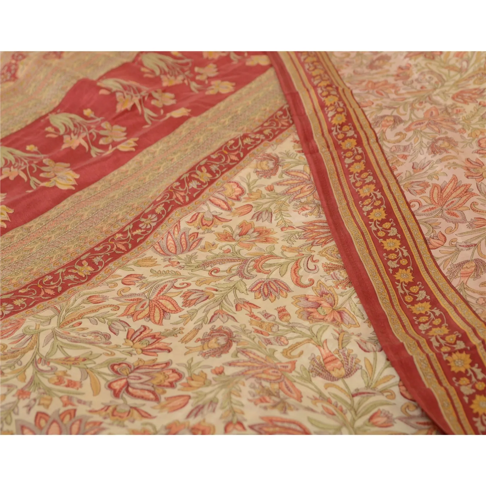 Sanskriti Vintage Sarees Ivory & Red 100% Pure Silk Printed Sari Craft Fabric