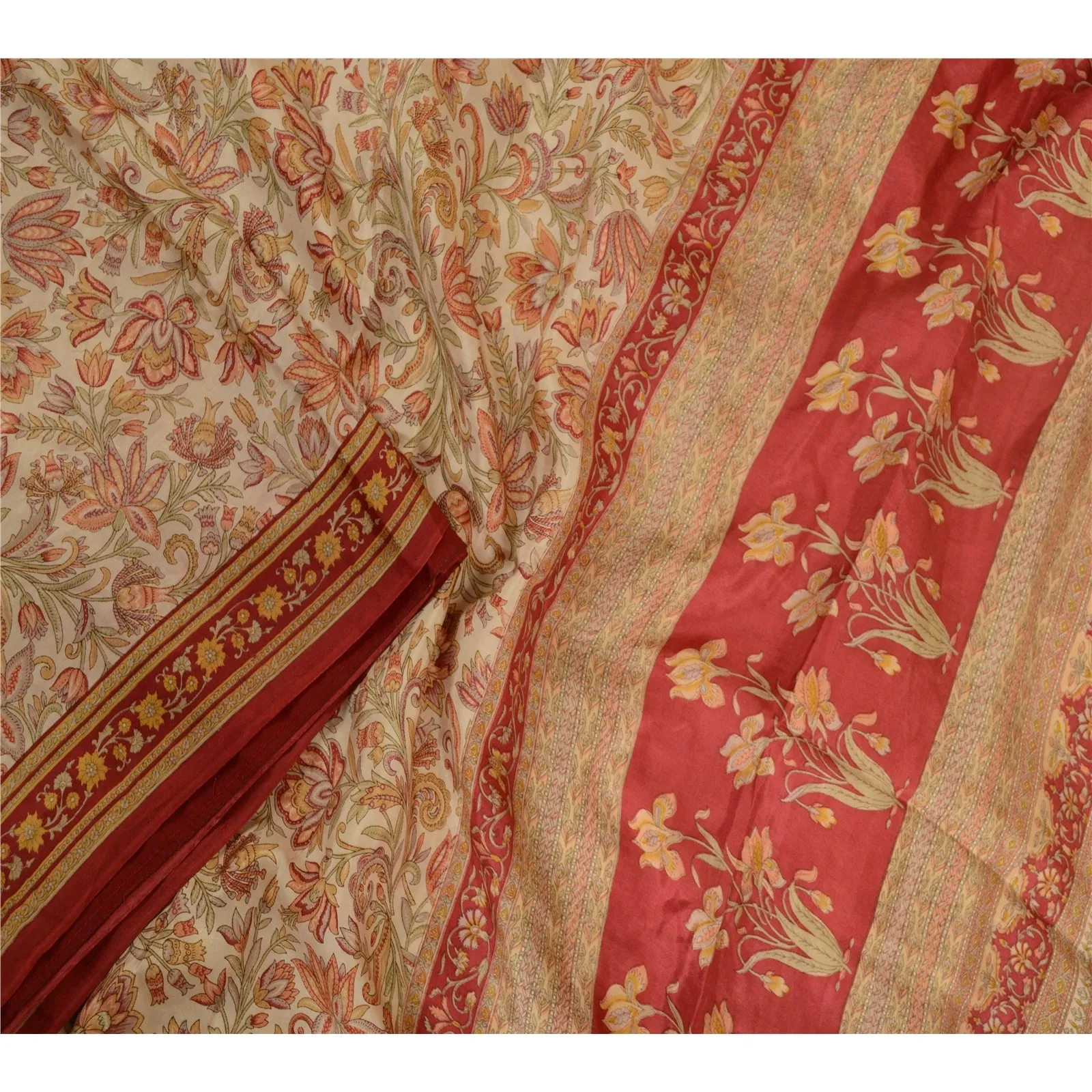 Sanskriti Vintage Sarees Ivory & Red 100% Pure Silk Printed Sari Craft Fabric