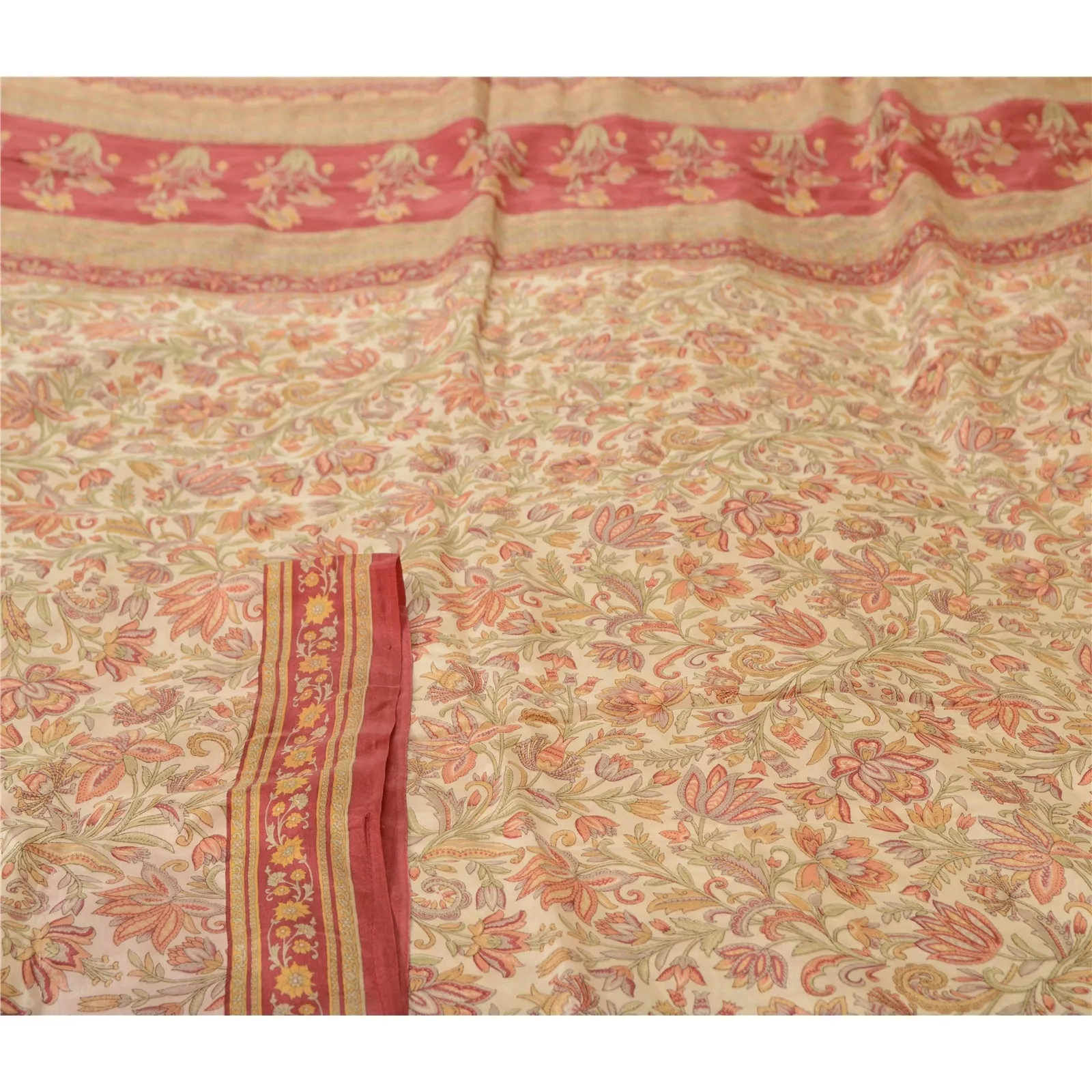 Sanskriti Vintage Sarees Ivory & Red 100% Pure Silk Printed Sari Craft Fabric