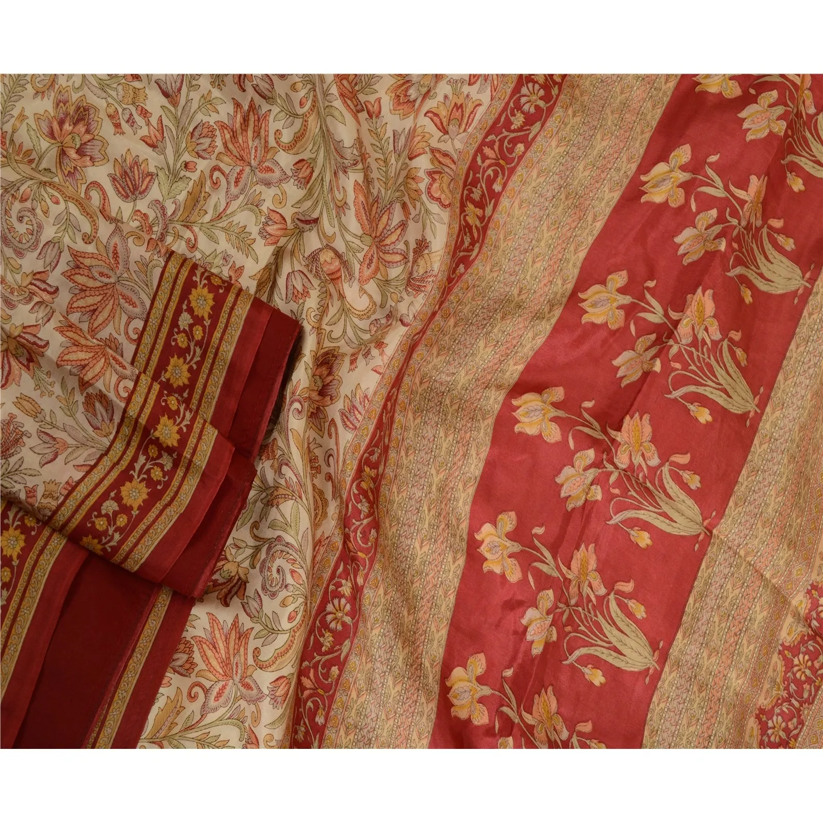 Sanskriti Vintage Sarees Ivory & Red 100% Pure Silk Printed Sari Craft Fabric