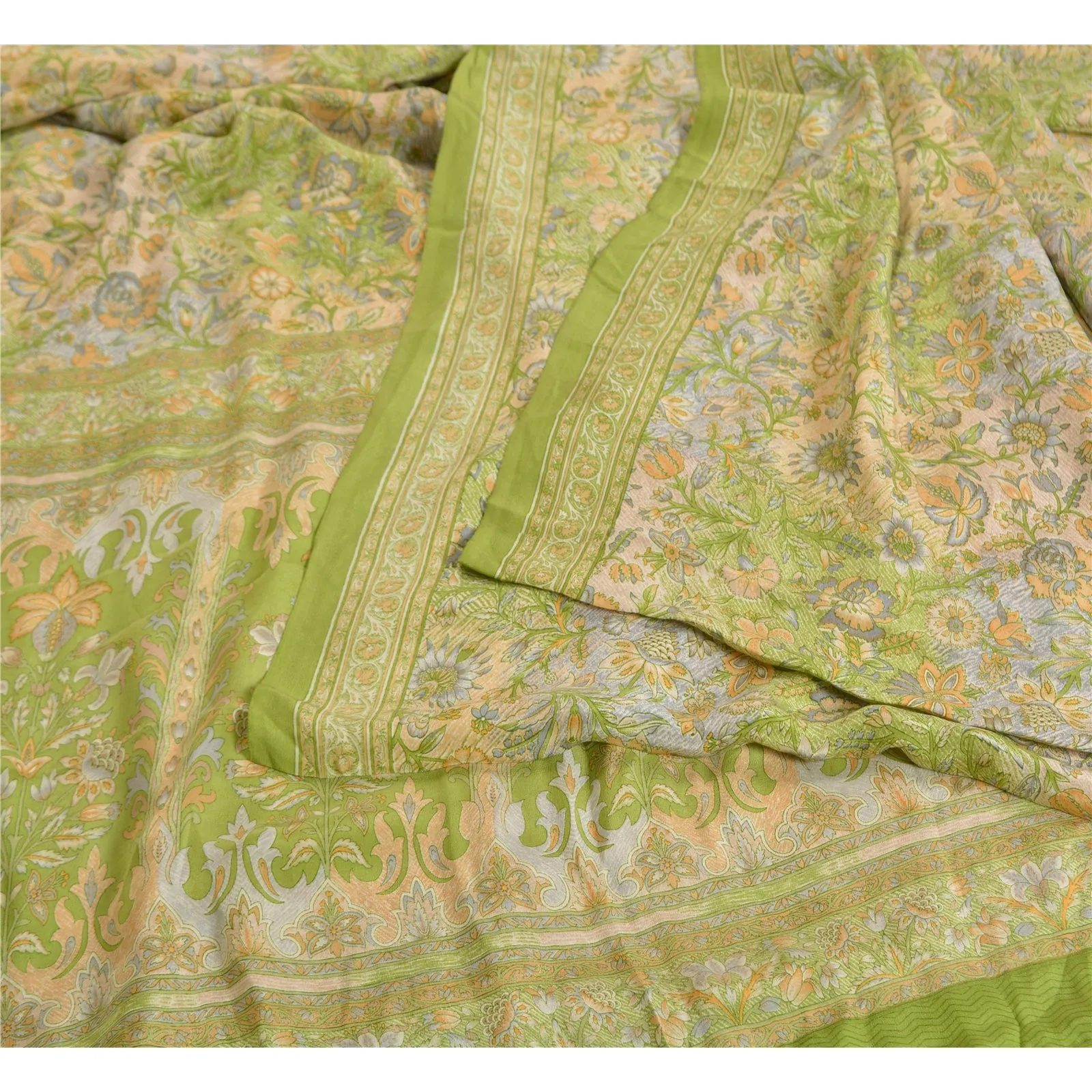 Sanskriti Vintage Sarees Multi Pure Crepe Silk Printed Sari Floral Craft Fabric