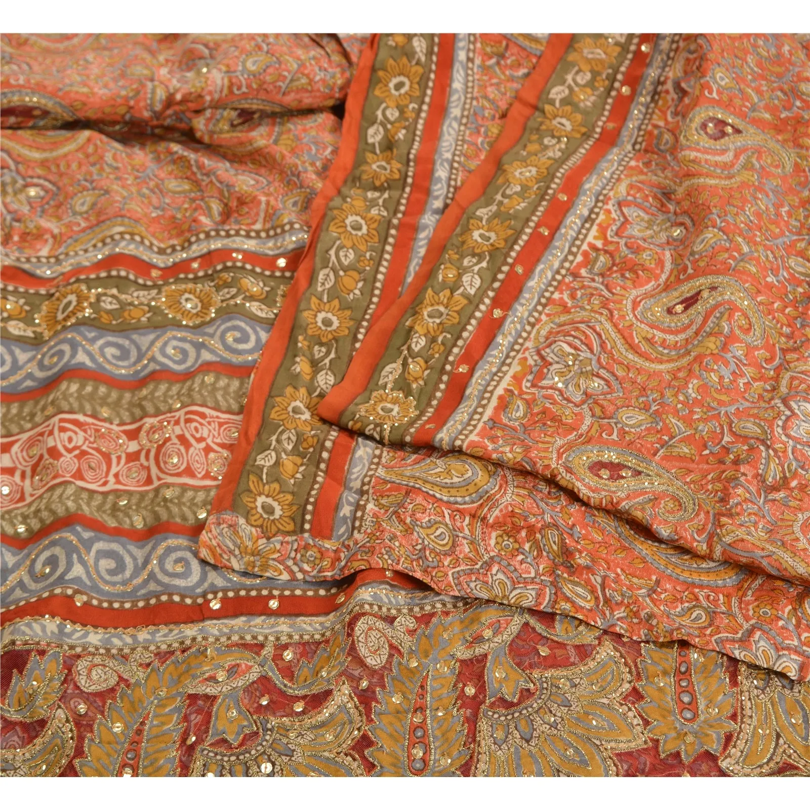 Sanskriti Vintage Sarees Orange Hand Bead Pure Crepe Silk/Net Sari Craft Fabric