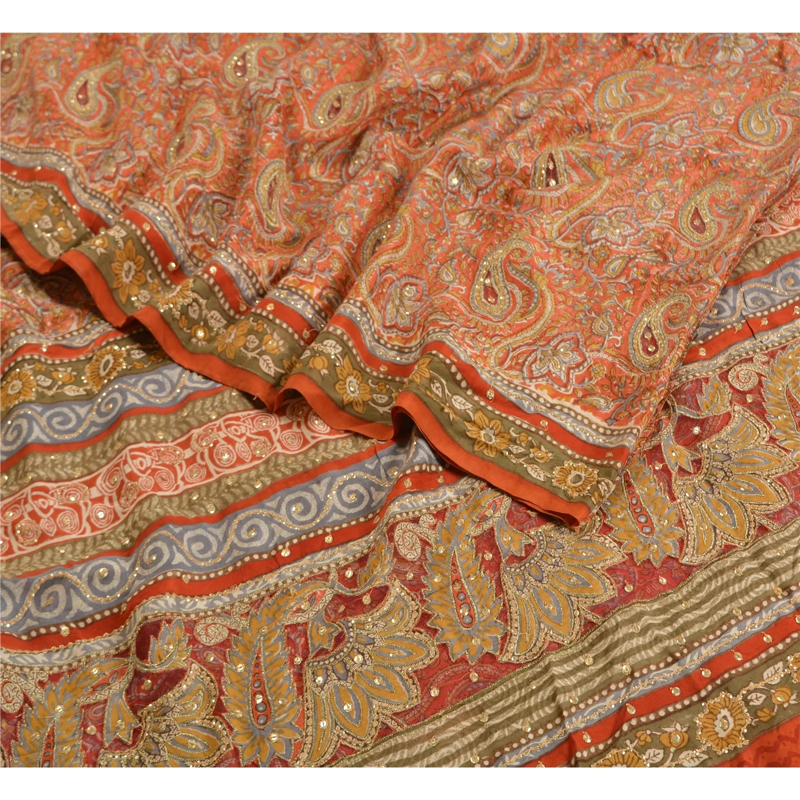 Sanskriti Vintage Sarees Orange Hand Bead Pure Crepe Silk/Net Sari Craft Fabric