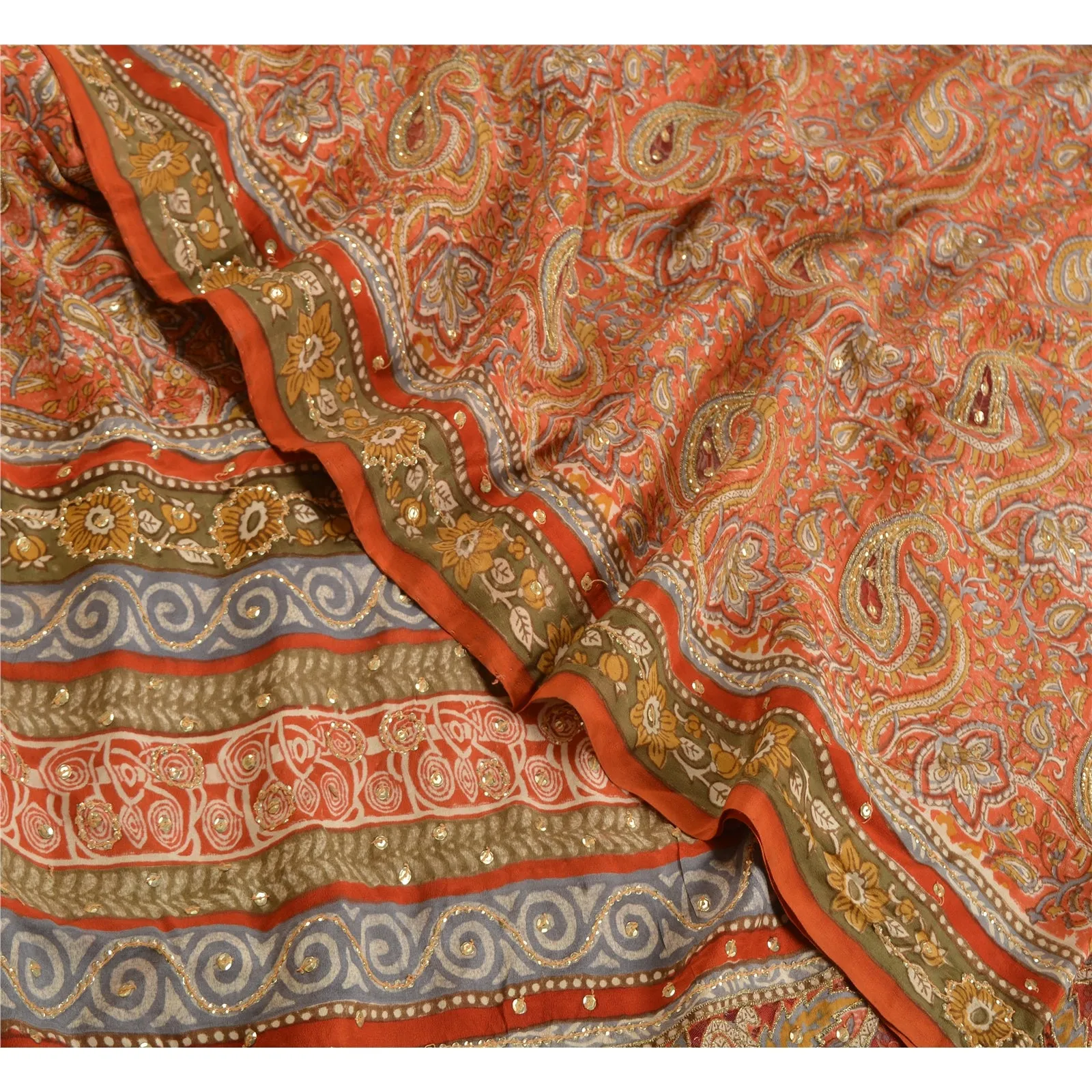 Sanskriti Vintage Sarees Orange Hand Bead Pure Crepe Silk/Net Sari Craft Fabric