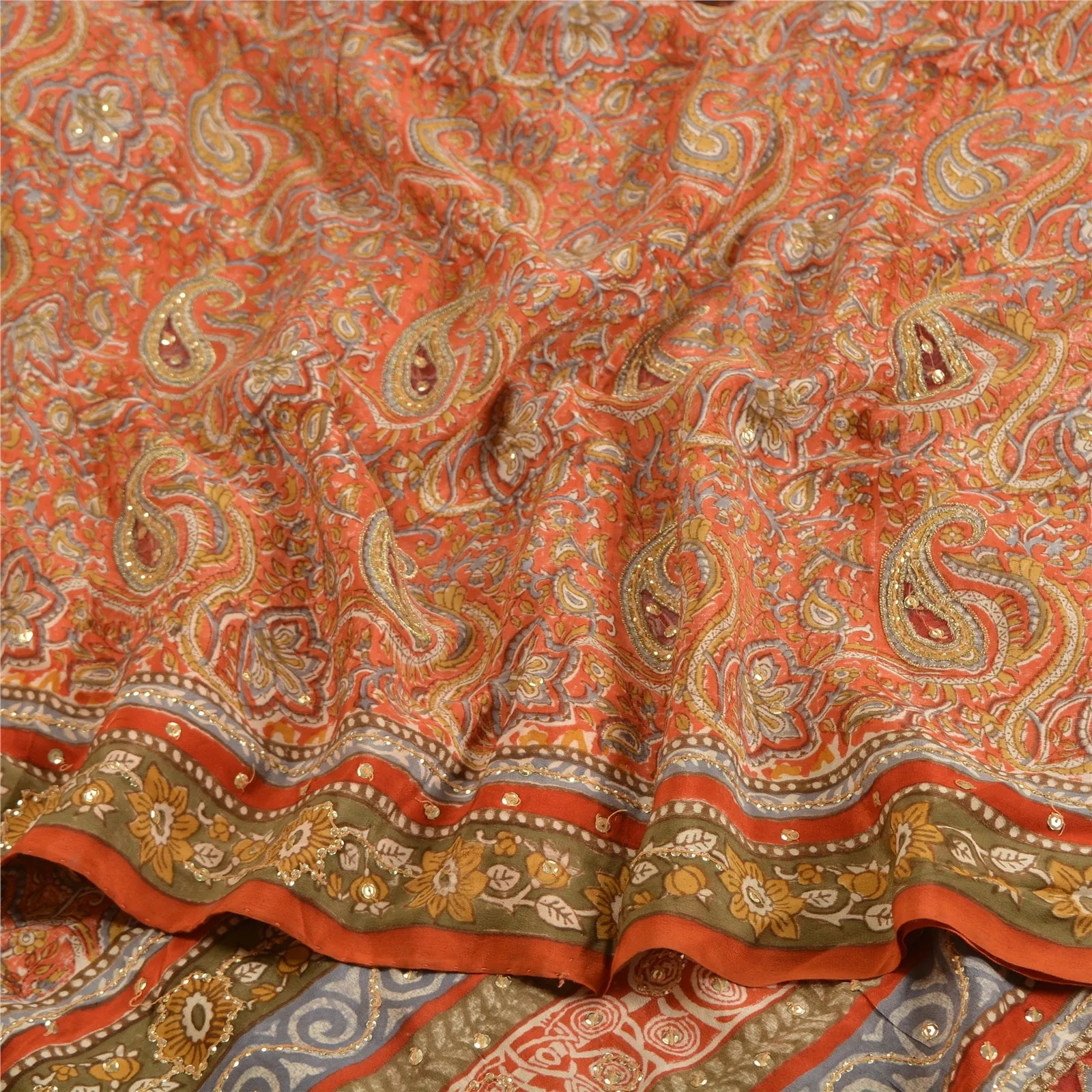 Sanskriti Vintage Sarees Orange Hand Bead Pure Crepe Silk/Net Sari Craft Fabric