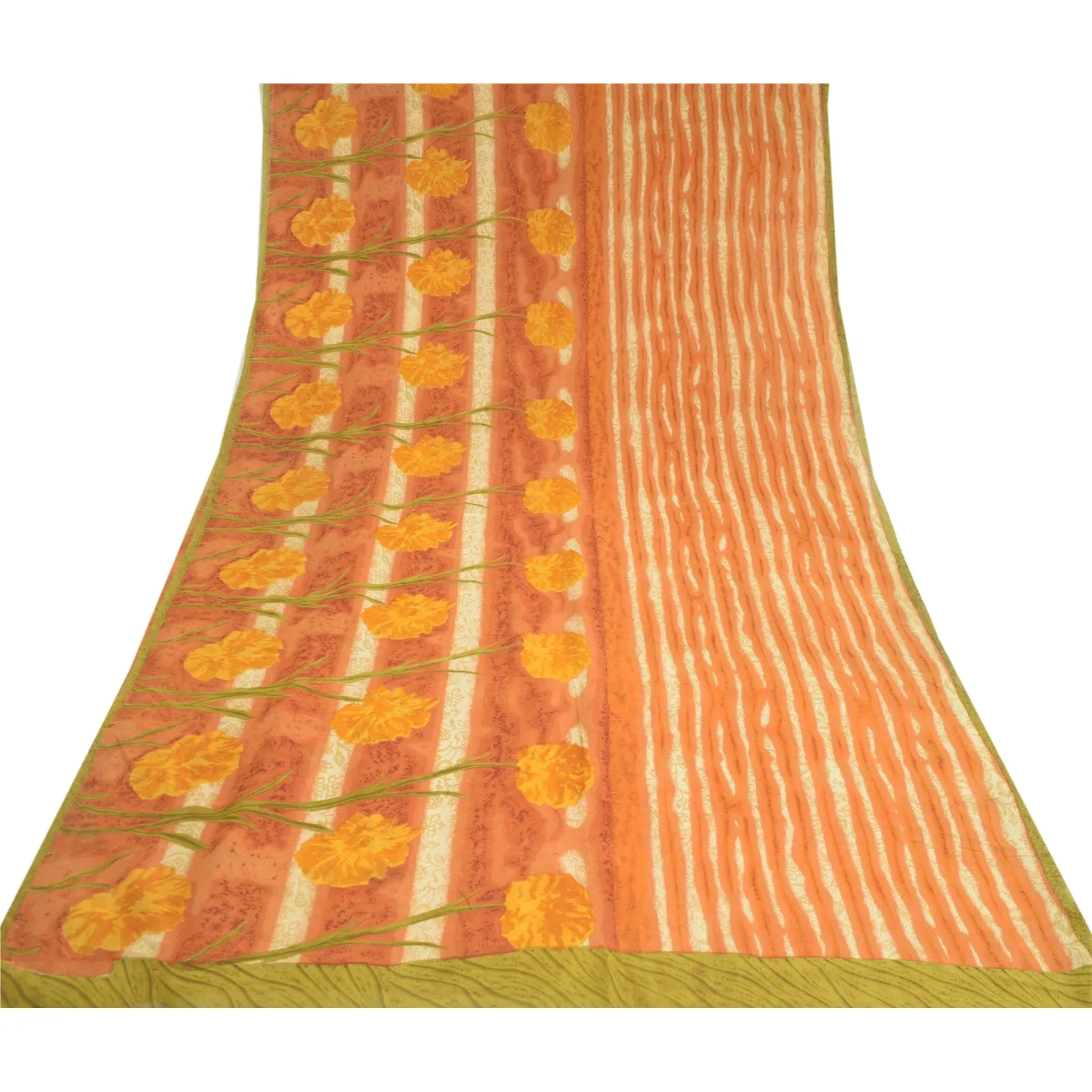 Sanskriti Vintage Sarees Orange Pure Georgette Silk Printed Sari Craft Fabric