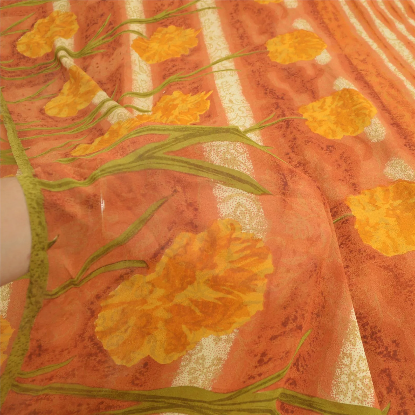 Sanskriti Vintage Sarees Orange Pure Georgette Silk Printed Sari Craft Fabric