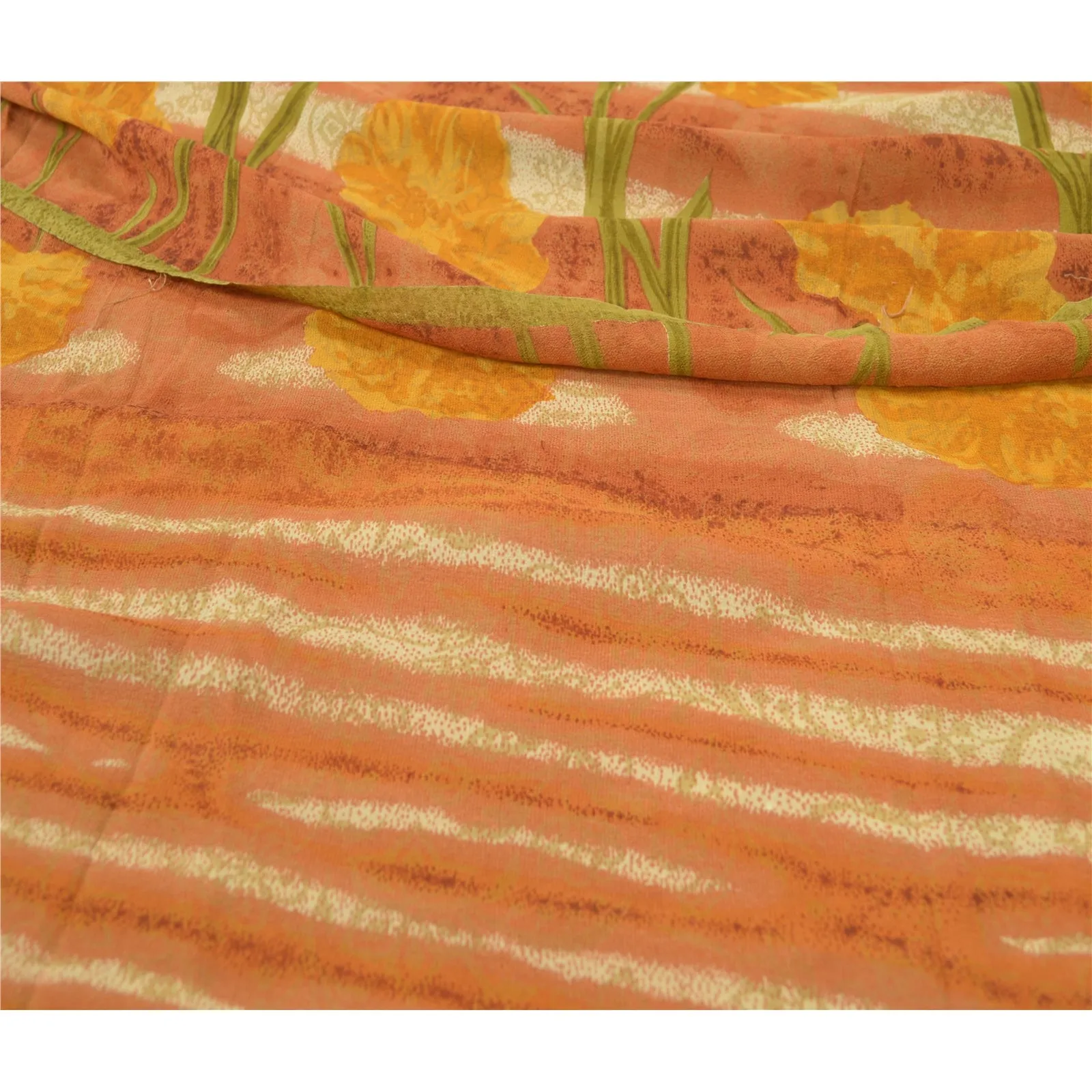 Sanskriti Vintage Sarees Orange Pure Georgette Silk Printed Sari Craft Fabric