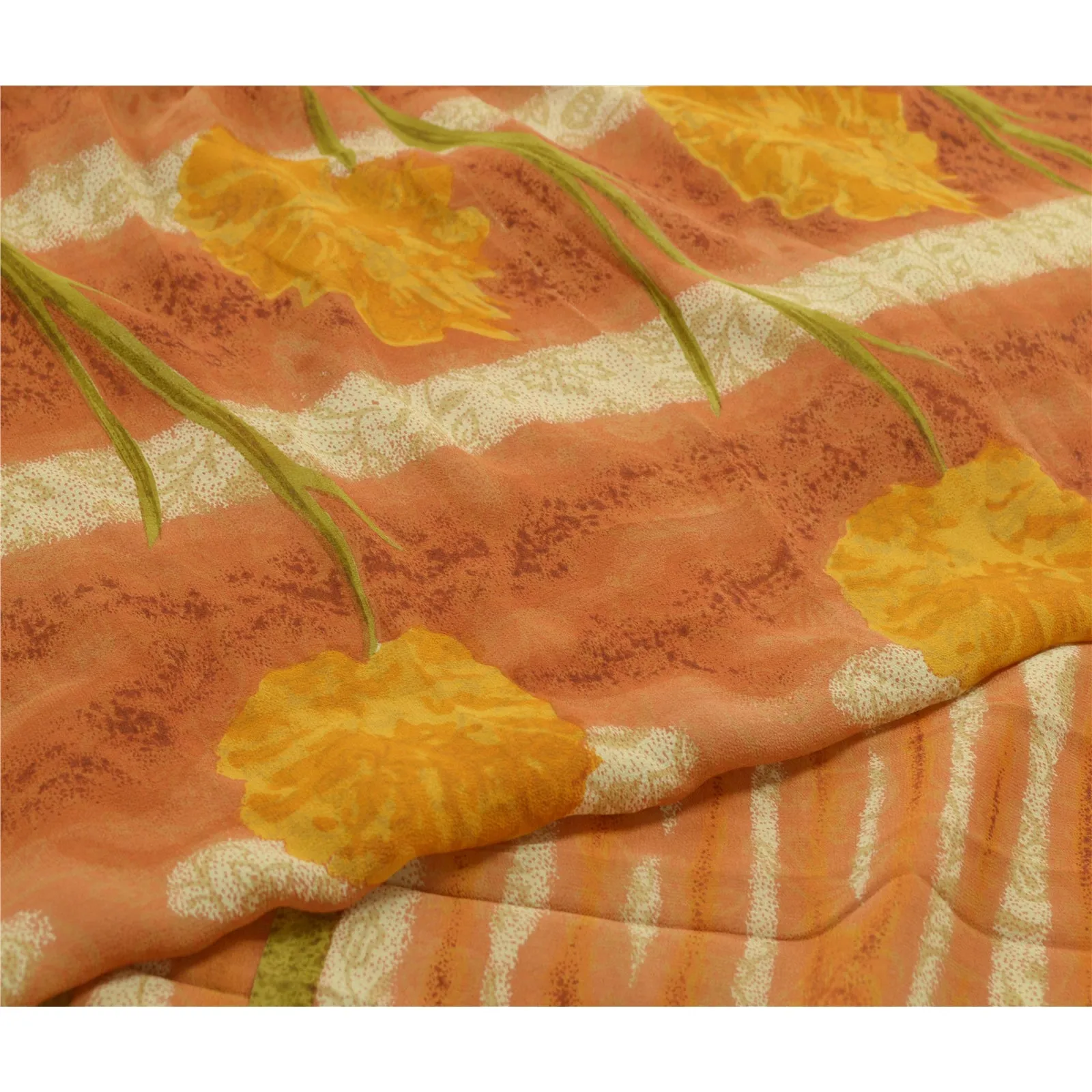 Sanskriti Vintage Sarees Orange Pure Georgette Silk Printed Sari Craft Fabric