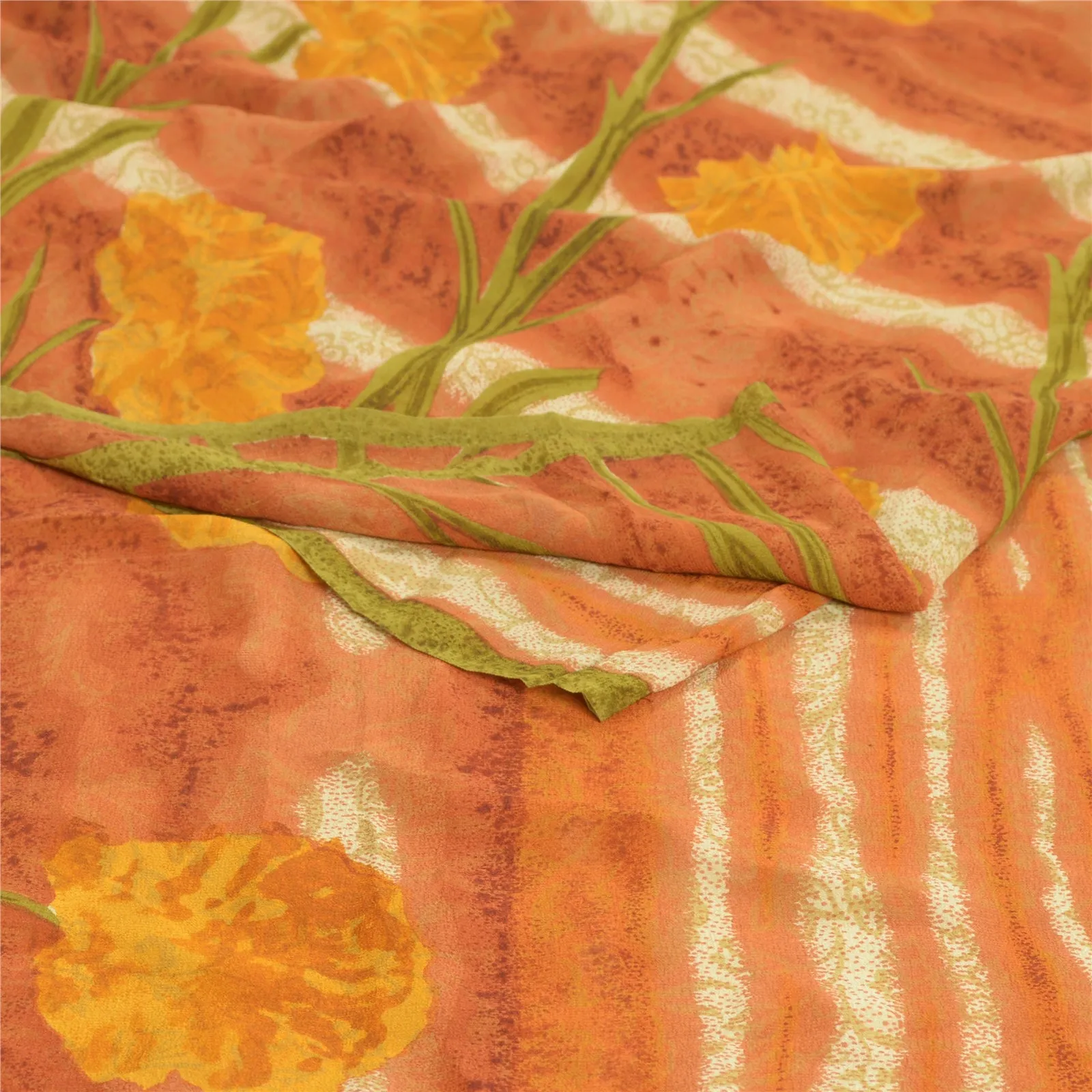 Sanskriti Vintage Sarees Orange Pure Georgette Silk Printed Sari Craft Fabric