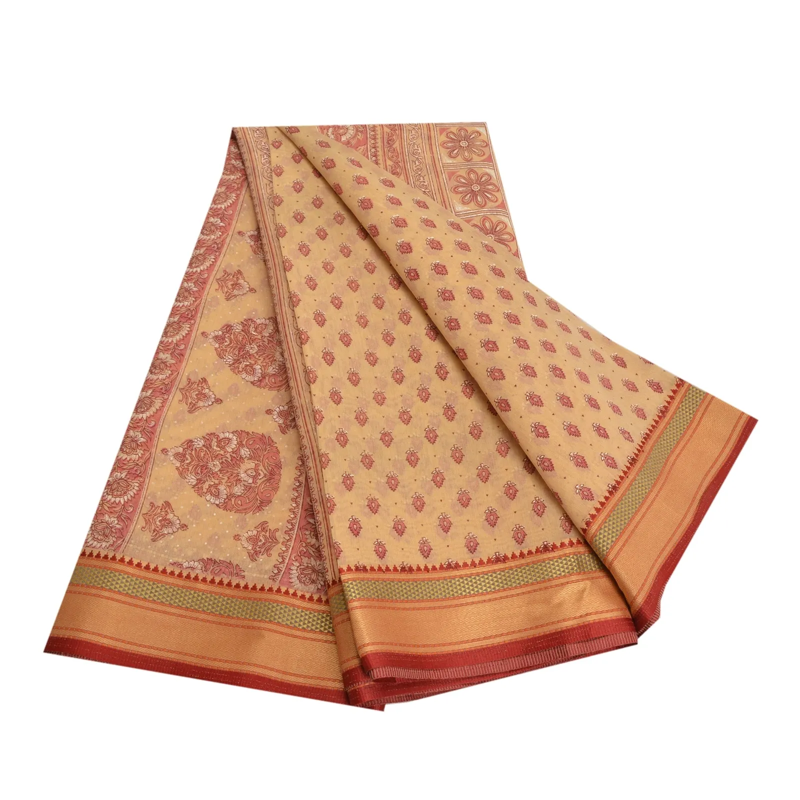 Sanskriti Vintage Sarees Peach/Pink Printed Cotton Sari Floral 5yd Craft Fabric