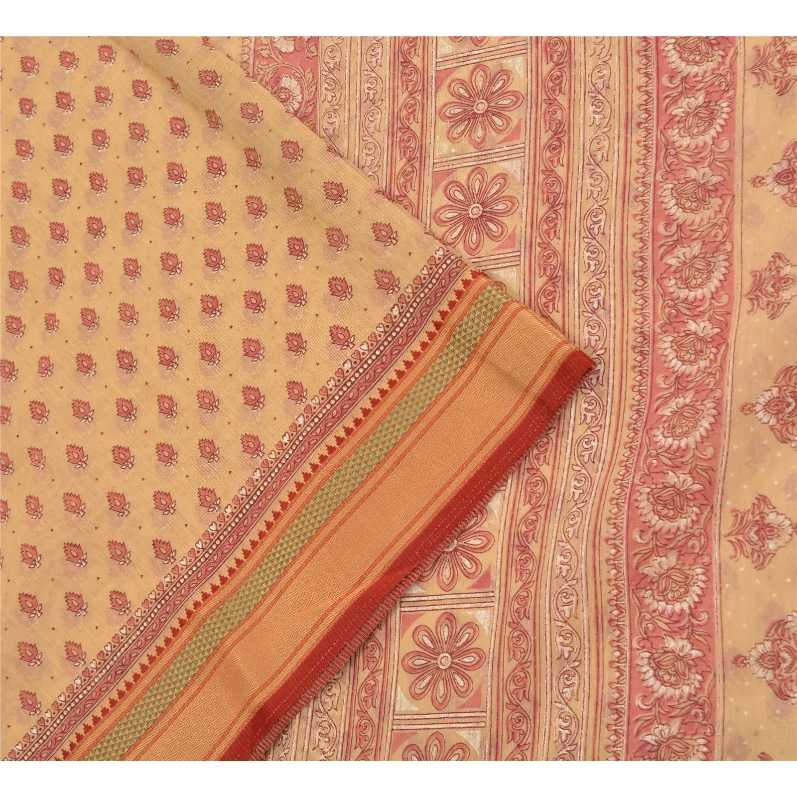 Sanskriti Vintage Sarees Peach/Pink Printed Cotton Sari Floral 5yd Craft Fabric