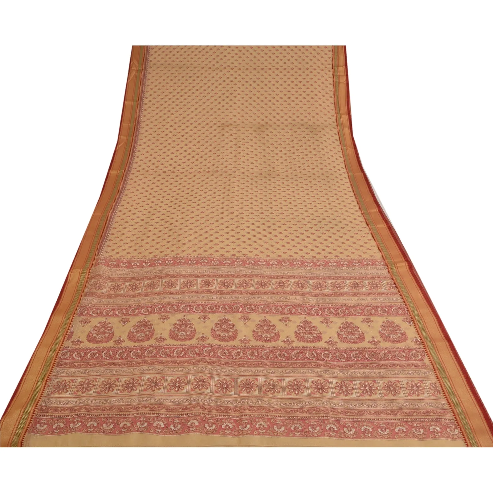 Sanskriti Vintage Sarees Peach/Pink Printed Cotton Sari Floral 5yd Craft Fabric