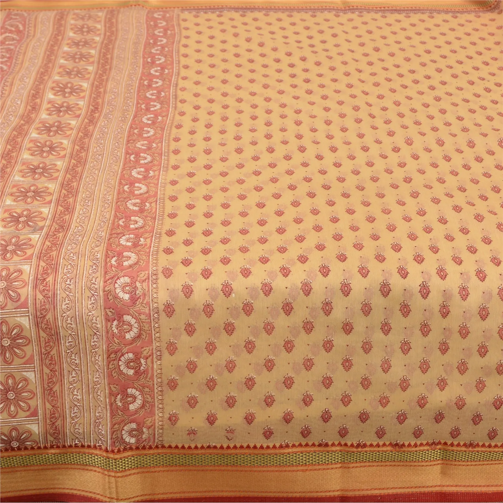 Sanskriti Vintage Sarees Peach/Pink Printed Cotton Sari Floral 5yd Craft Fabric