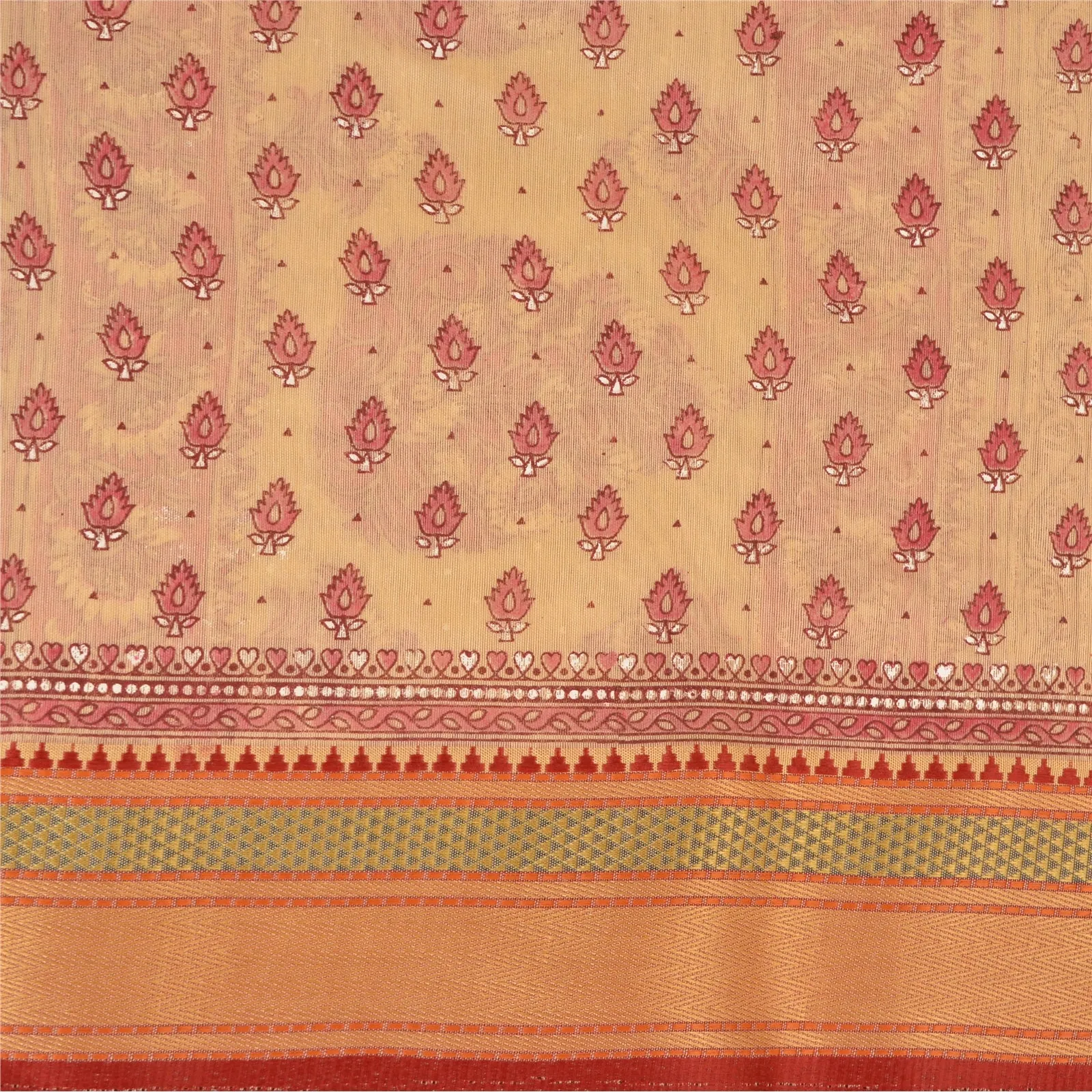 Sanskriti Vintage Sarees Peach/Pink Printed Cotton Sari Floral 5yd Craft Fabric