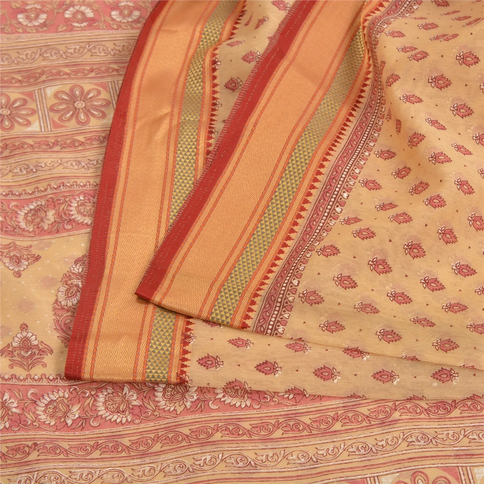 Sanskriti Vintage Sarees Peach/Pink Printed Cotton Sari Floral 5yd Craft Fabric