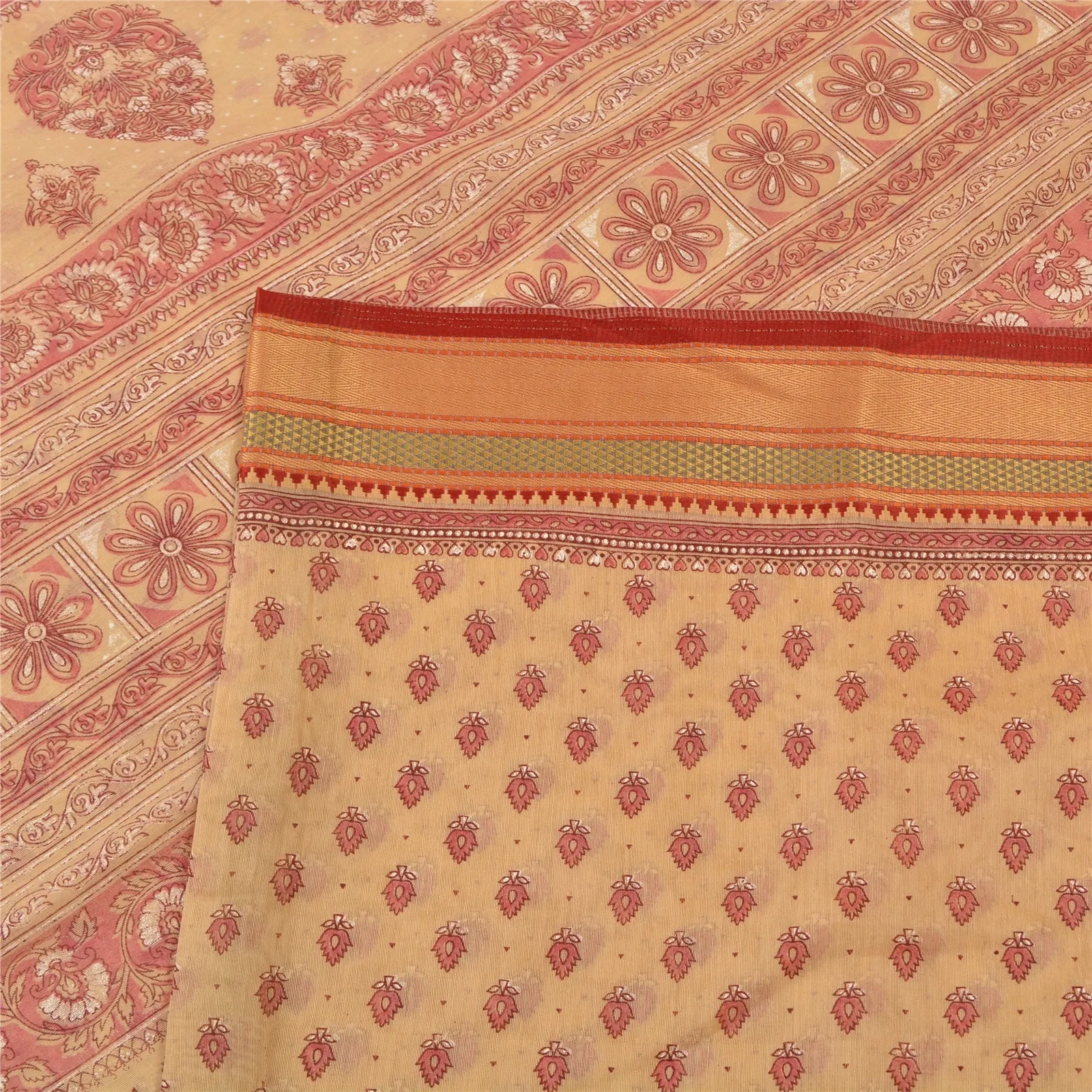 Sanskriti Vintage Sarees Peach/Pink Printed Cotton Sari Floral 5yd Craft Fabric