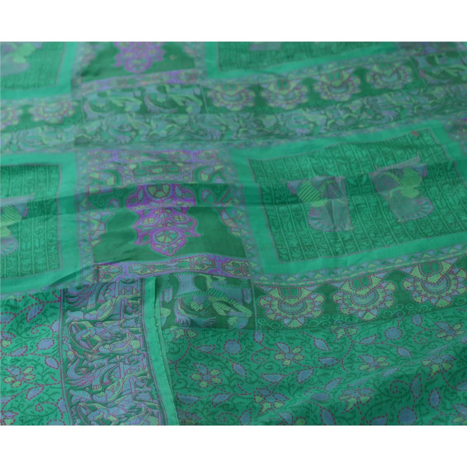 Sanskriti Vintage Sarees Peacock-Green Pure Silk Printed Sari Soft Craft Fabric