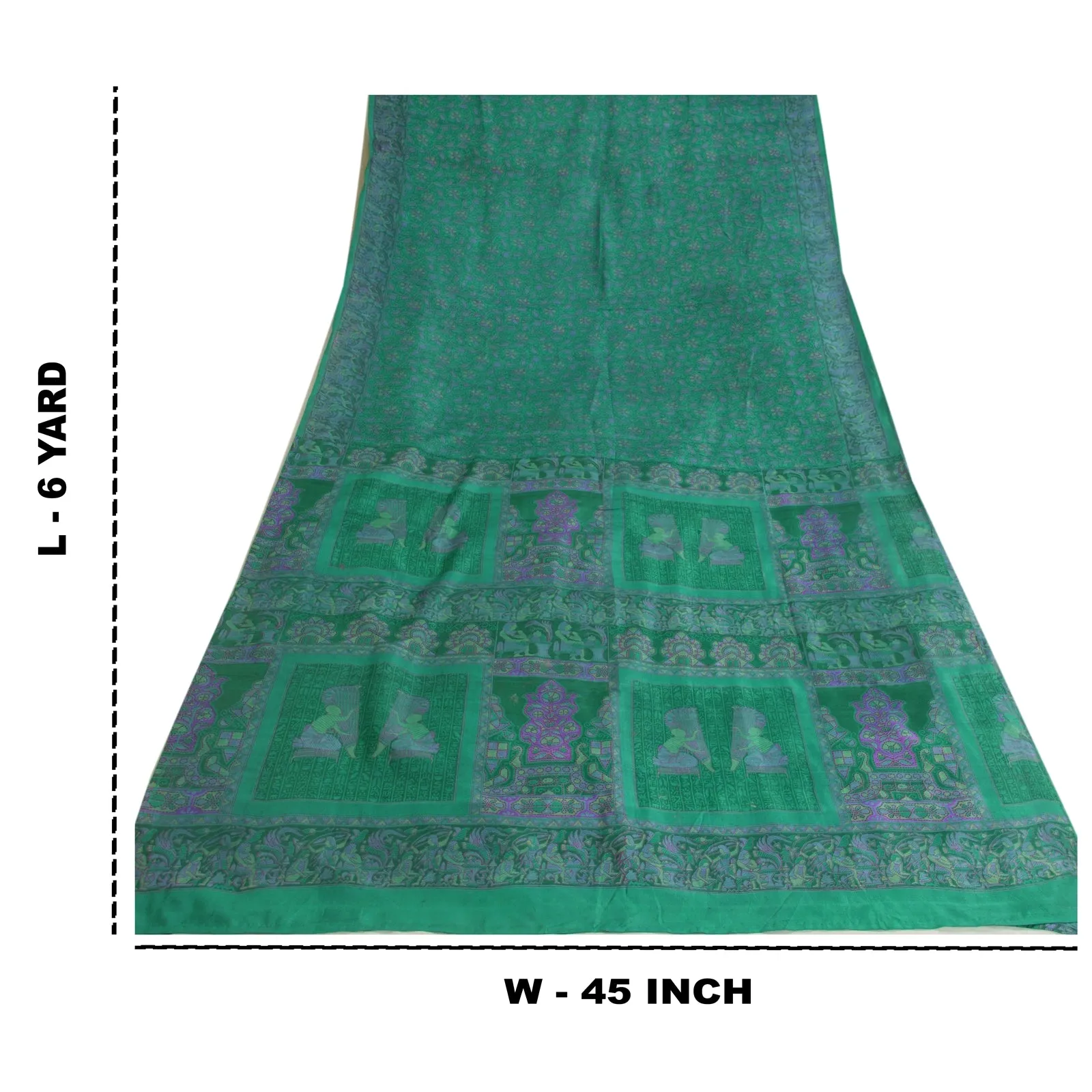 Sanskriti Vintage Sarees Peacock-Green Pure Silk Printed Sari Soft Craft Fabric